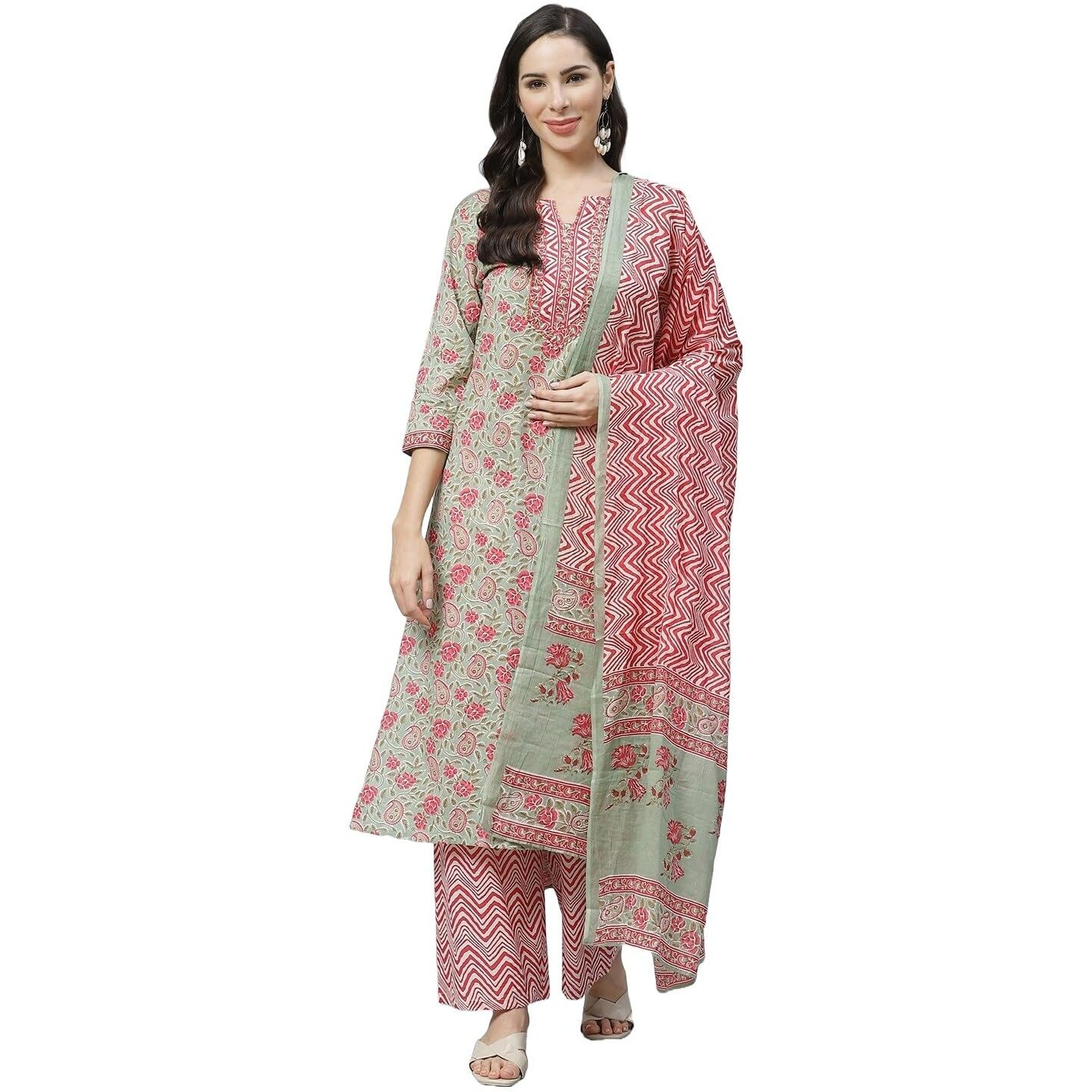 Nermosa Women Printed Kurta And Pant Set With Dupatta | Kurta Set With Dupatta | (In, Alpha, L, Peach)