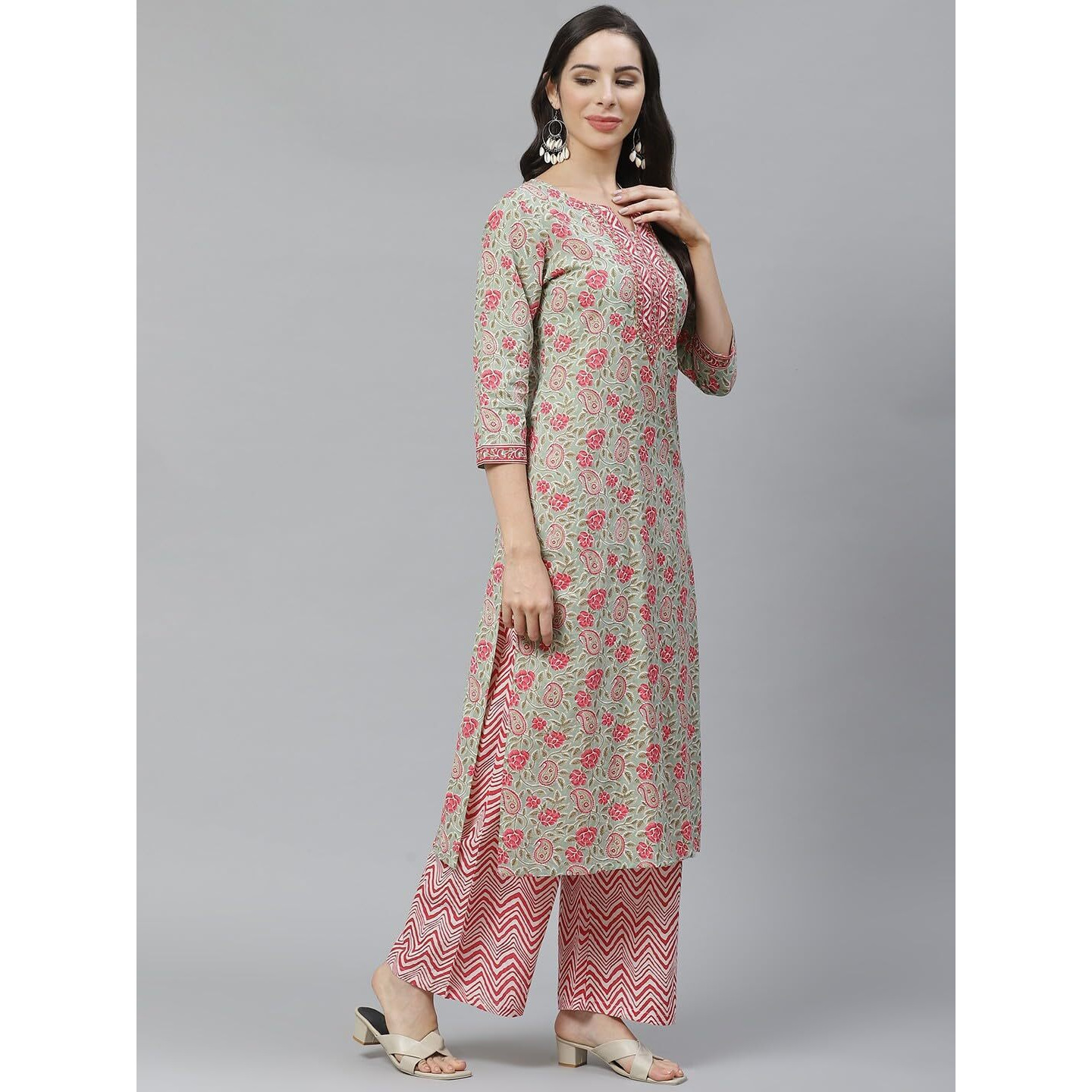 Nermosa Women Printed Kurta And Pant Set With Dupatta | Kurta Set With Dupatta | (In, Alpha, L, Peach)