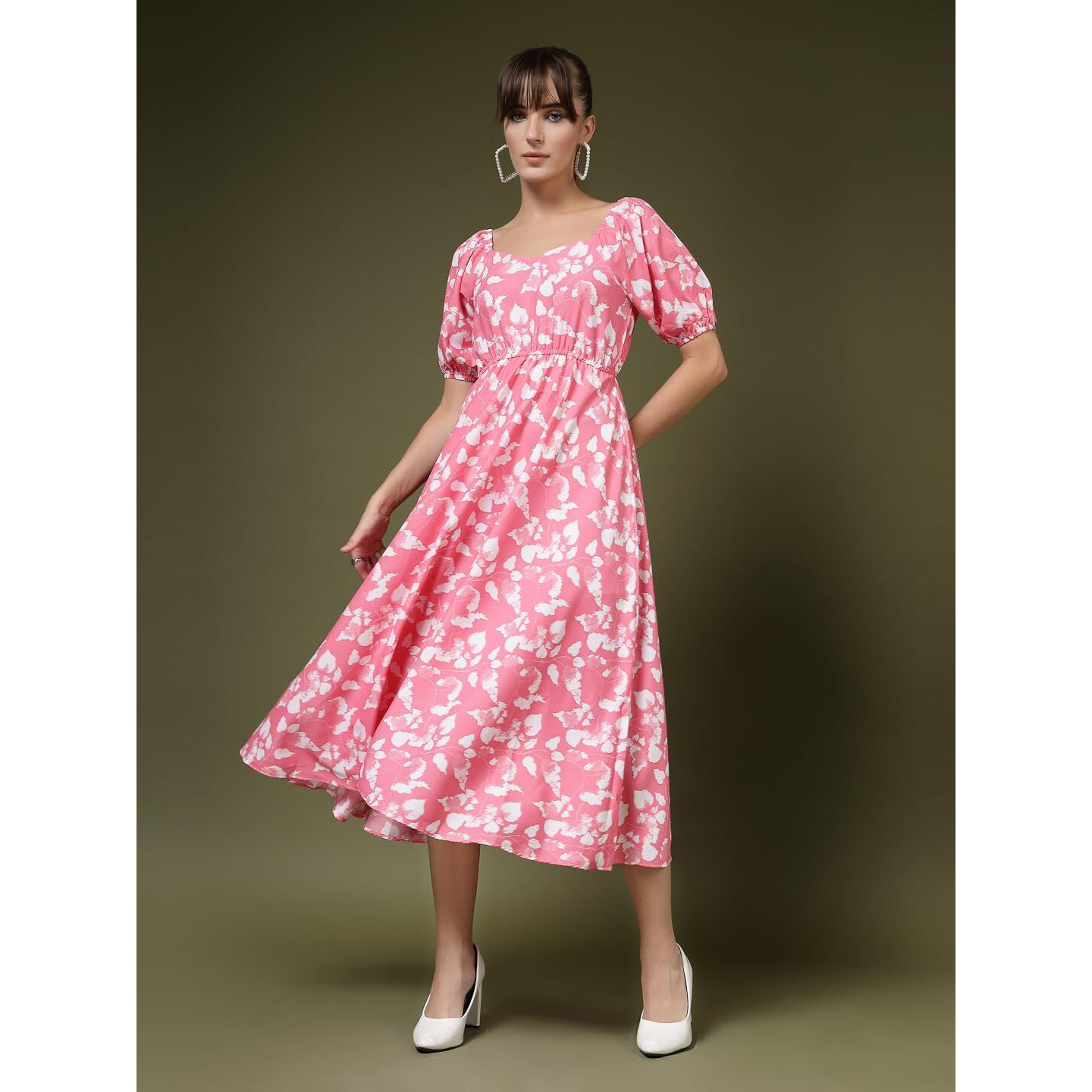 Oomph Flared Dress For Women Stylish | Long One Piece For Women | Puff Sleeve Long Dress | Floral Print Maxi One Piece | Western & Fusion Wear Punch Pink