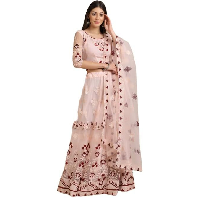 Patlani Trendy Chain Embroidered Semi Stitched Lehenga Choli With Unstitched Blouse Piss.(Flower-Peach Lehenga)
