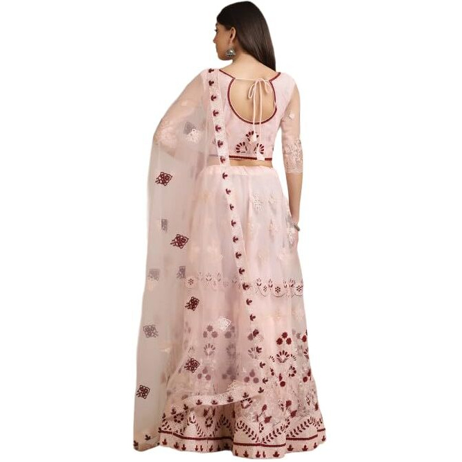 Patlani Trendy Chain Embroidered Semi Stitched Lehenga Choli With Unstitched Blouse Piss.(Flower-Peach Lehenga)