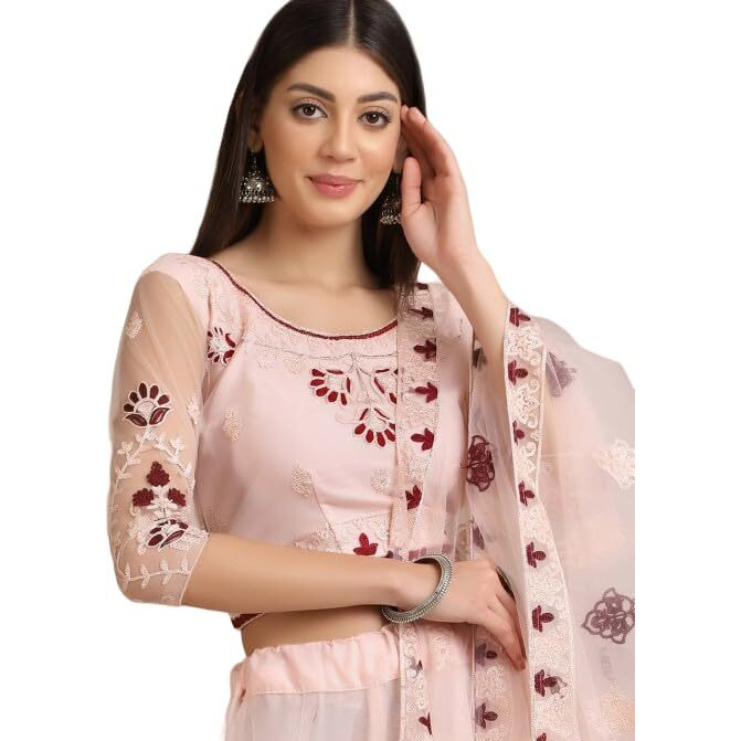 Patlani Trendy Chain Embroidered Semi Stitched Lehenga Choli With Unstitched Blouse Piss.(Flower-Peach Lehenga)