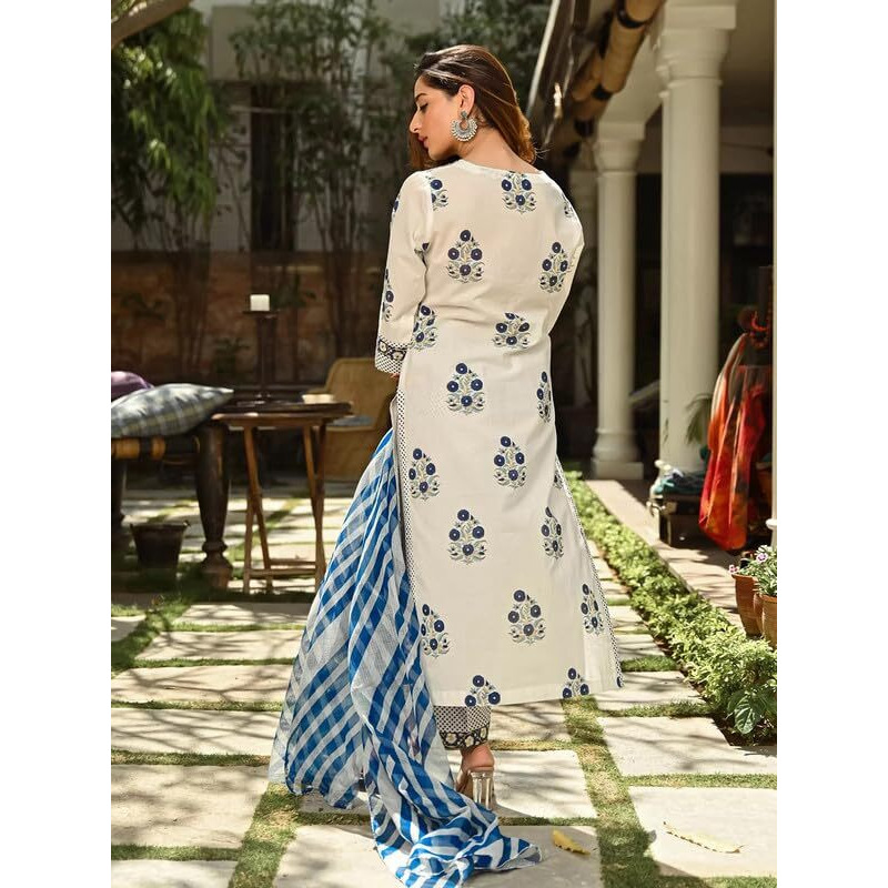 Pinkmint Women Kurta Set Printed V Neck Stright Kurta & Bottom With Dupatta Set