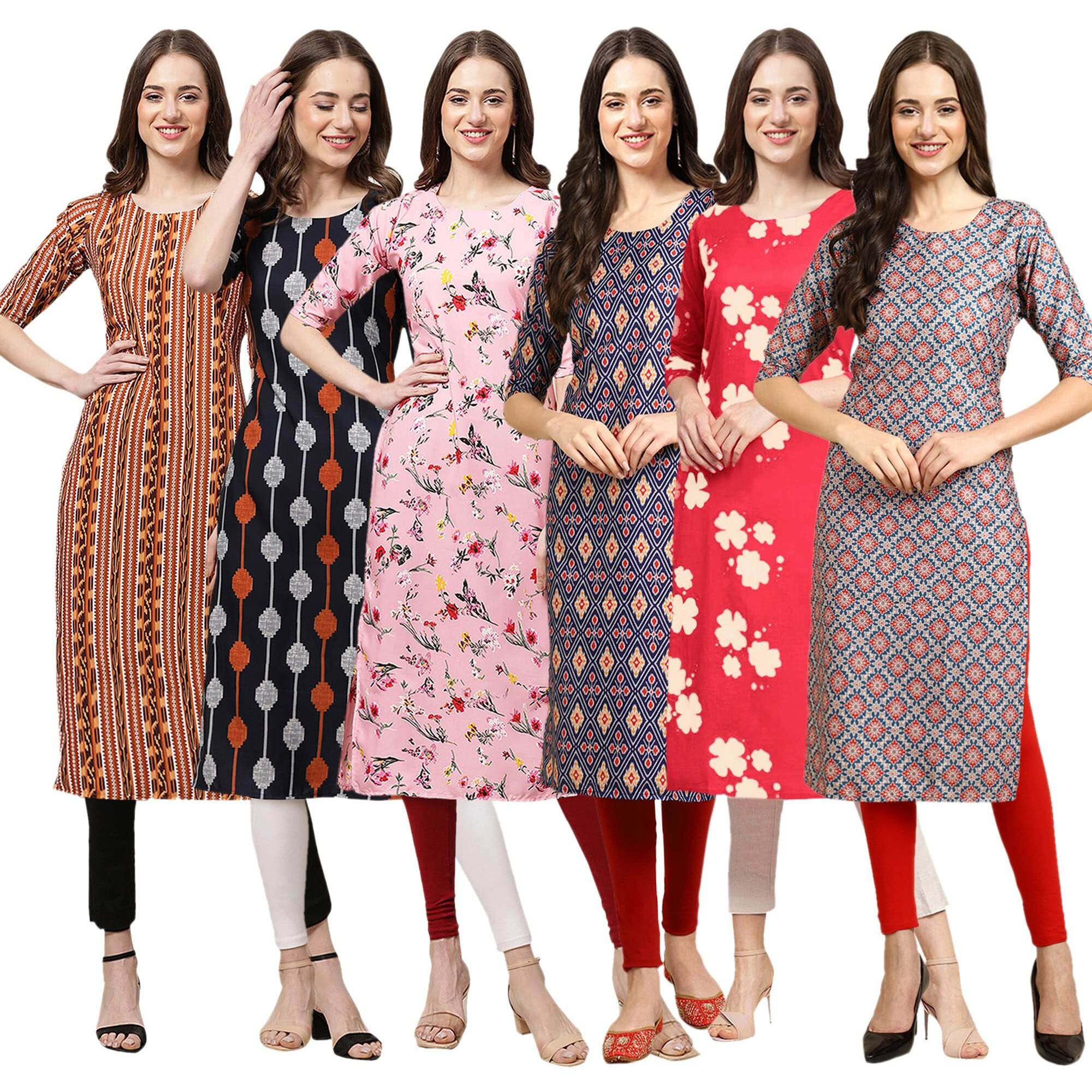 Pinkmint Women's Crepe Digital Print Straight Kurta(Pack Of 6)[Qv-344-330-339-358-380-372-Xxl]