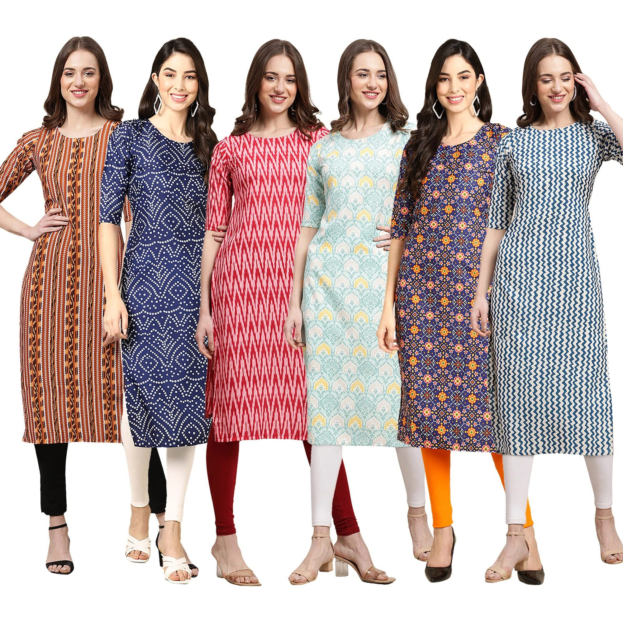 Pinkmint Women's Crepe Digital Print Straight Kurta Pack Of 6 [Cr-344-366-328-343-369-331-Xl]
