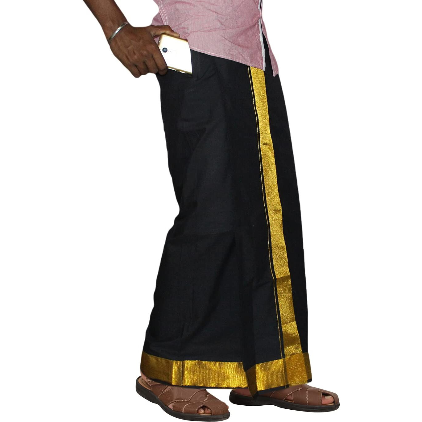 Prakasam Cotton Men's Black Colour 2 Inch Gold Jari Border Welcro Pocket Dhoti/Size Hip -40 Inches- Length- 42 Inches