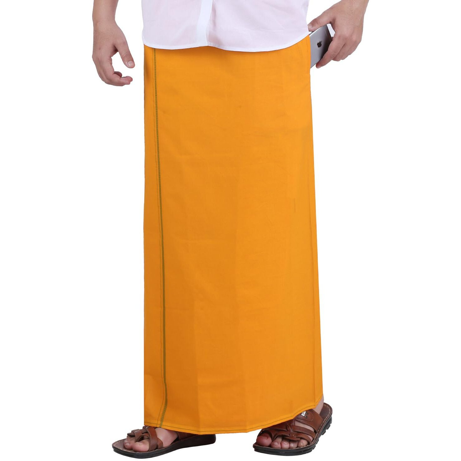 Prakasam Cotton Mens Mango Colour Welcro Pocket Single Dhoti (Roja-Mango) Size -Large (Hip Size 42 To 46)