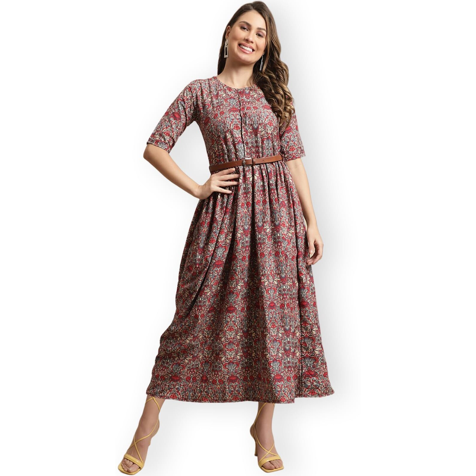 Preneum Girls's Georgette Floral Printed 3/4 Slevees A-Line Fit & Flare Gown With Belt, Radish, Xl