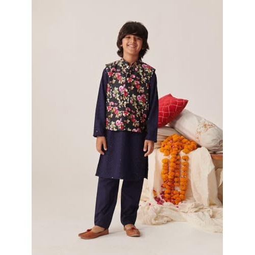 Pspeaches Boys Floral Embroidered Regular Sequinned Kurta With Pyjamas (12-13Years)