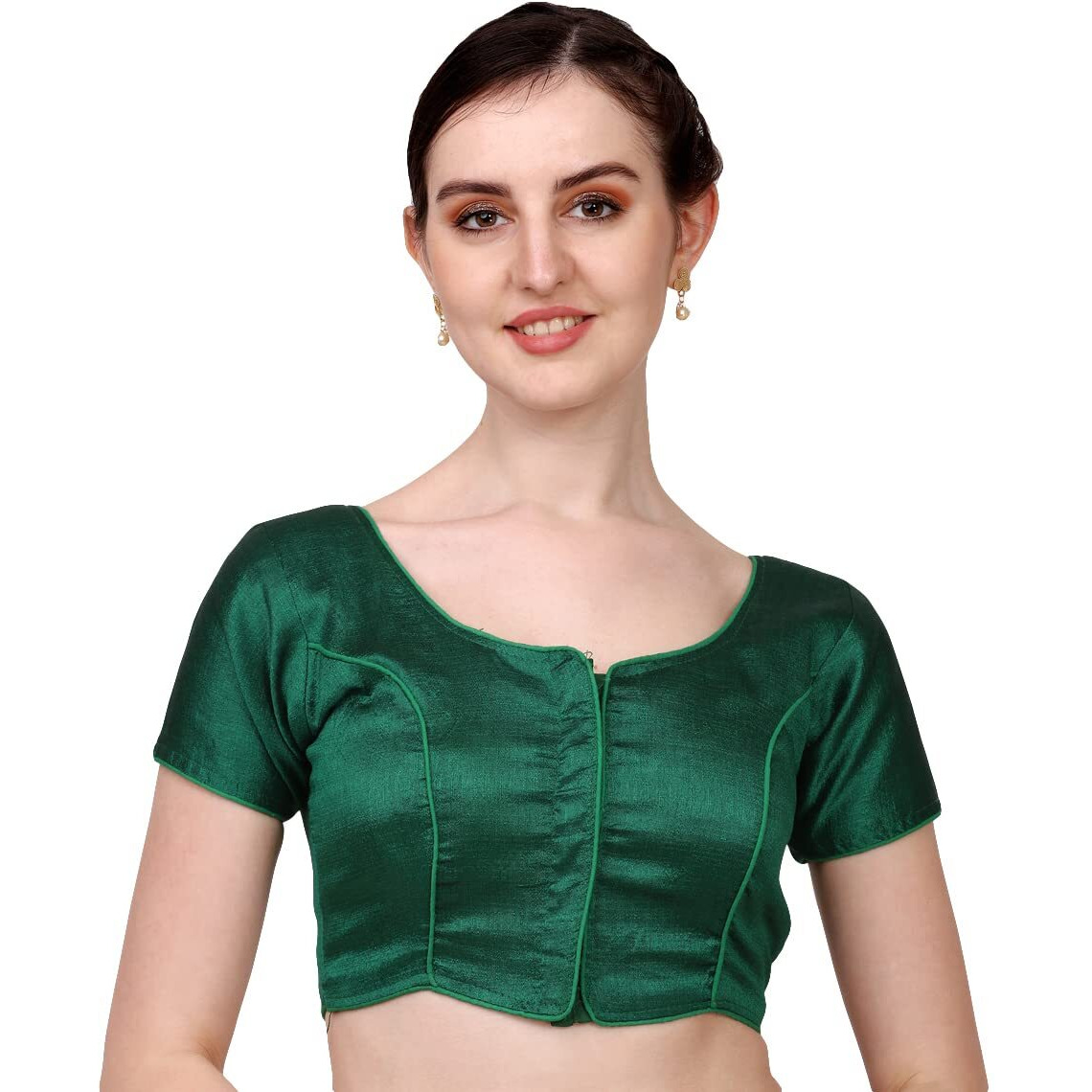 Pujia Mills Women's Silk Solid Short Sleeve Blouse (Kajal 3 Blouse_Green_38)