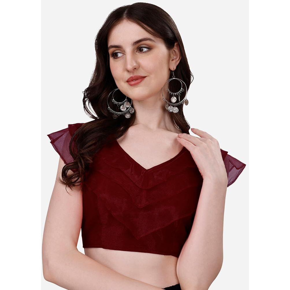 Pujia Mills Women's V Neck Orgenza Three Layer Ruffle Sleeve Frill Readymade Saree Blouse