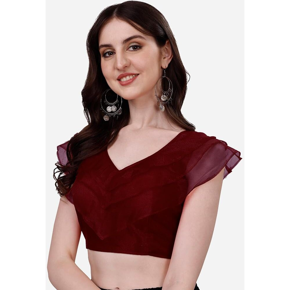 Pujia Mills Women's V Neck Orgenza Three Layer Ruffle Sleeve Frill Readymade Saree Blouse
