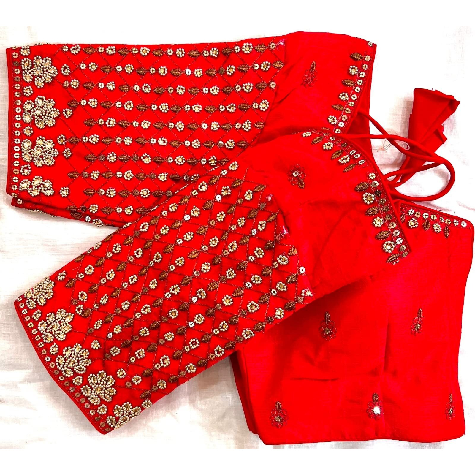 Pujia Mills Women's Trendy Embroidery Maggam Work Half Sleeve Red Saree Blouse(Maggam 2 Red_38)