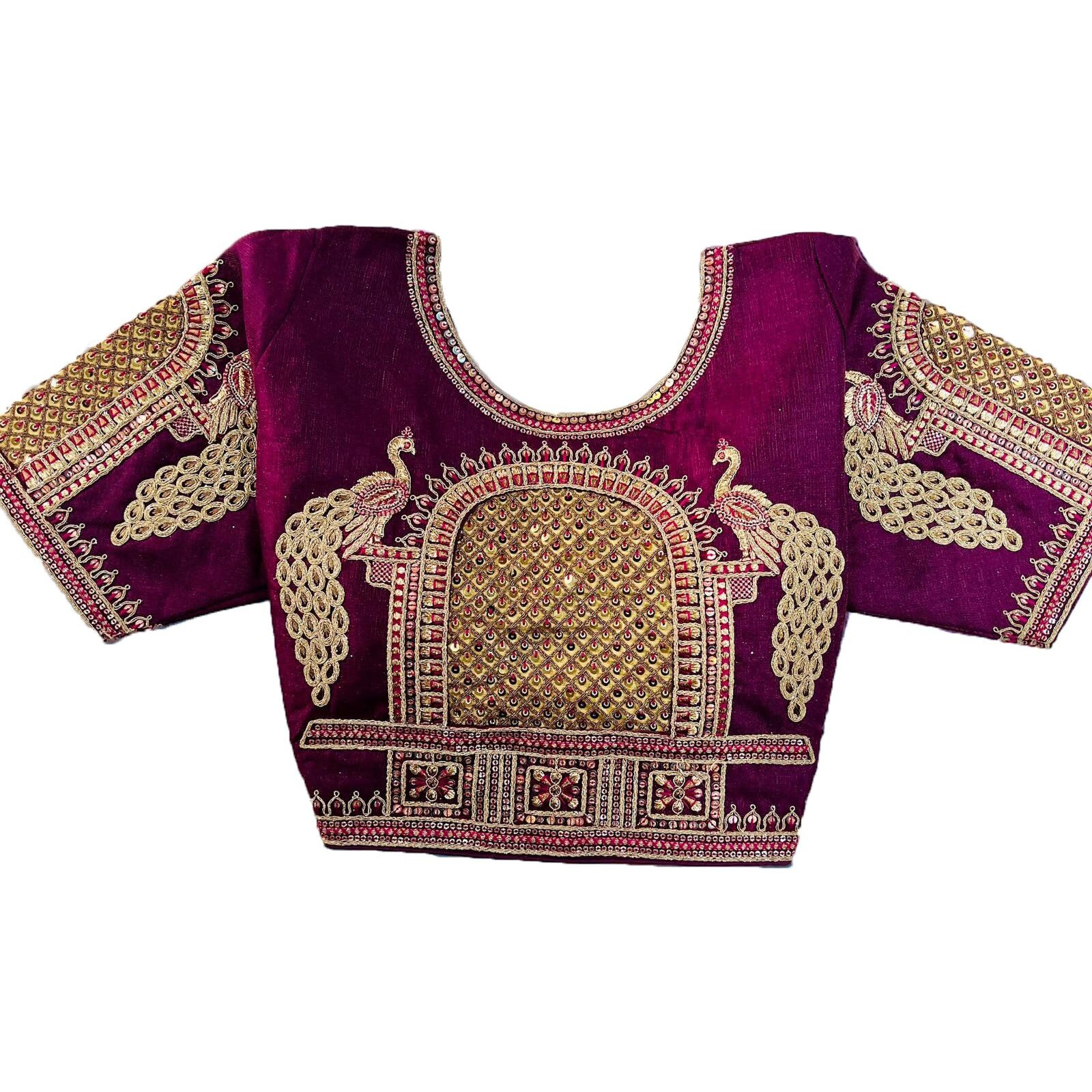 Pujia Mills Women's Zari Embroidery & Coding Twins Sequins Readymade Blouse (Dorr Parent Wine M)