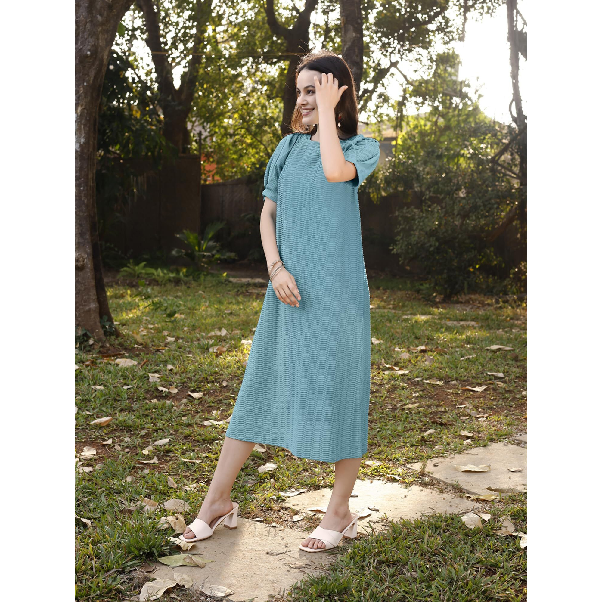 Purvaja Womens A-Line Below Knee Length Dress (Yuvi-013-Dusty_Sage Blue_X-Large)