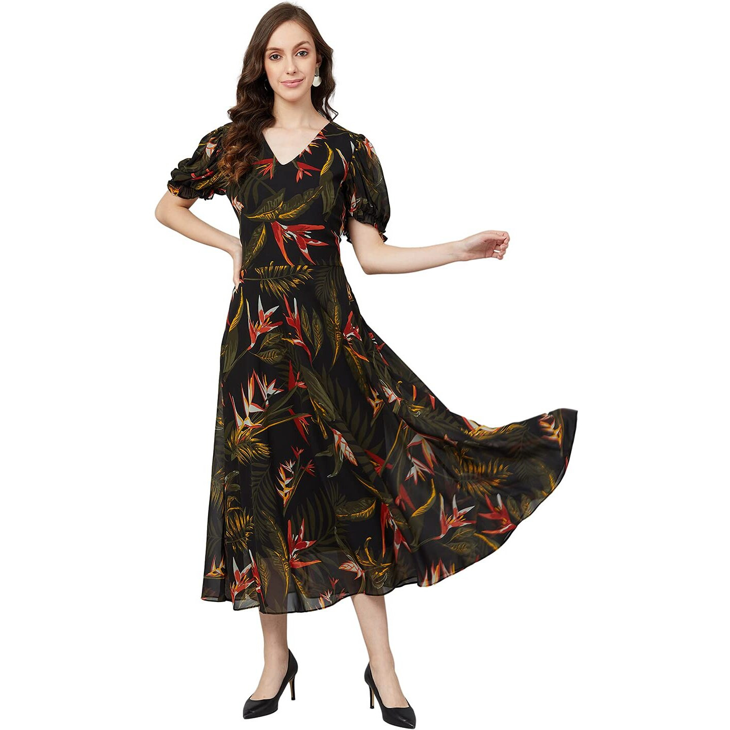 Rare Women's Georgette Fit And Flare Midi Casual Dress (Ep6504_Black_X-Large)