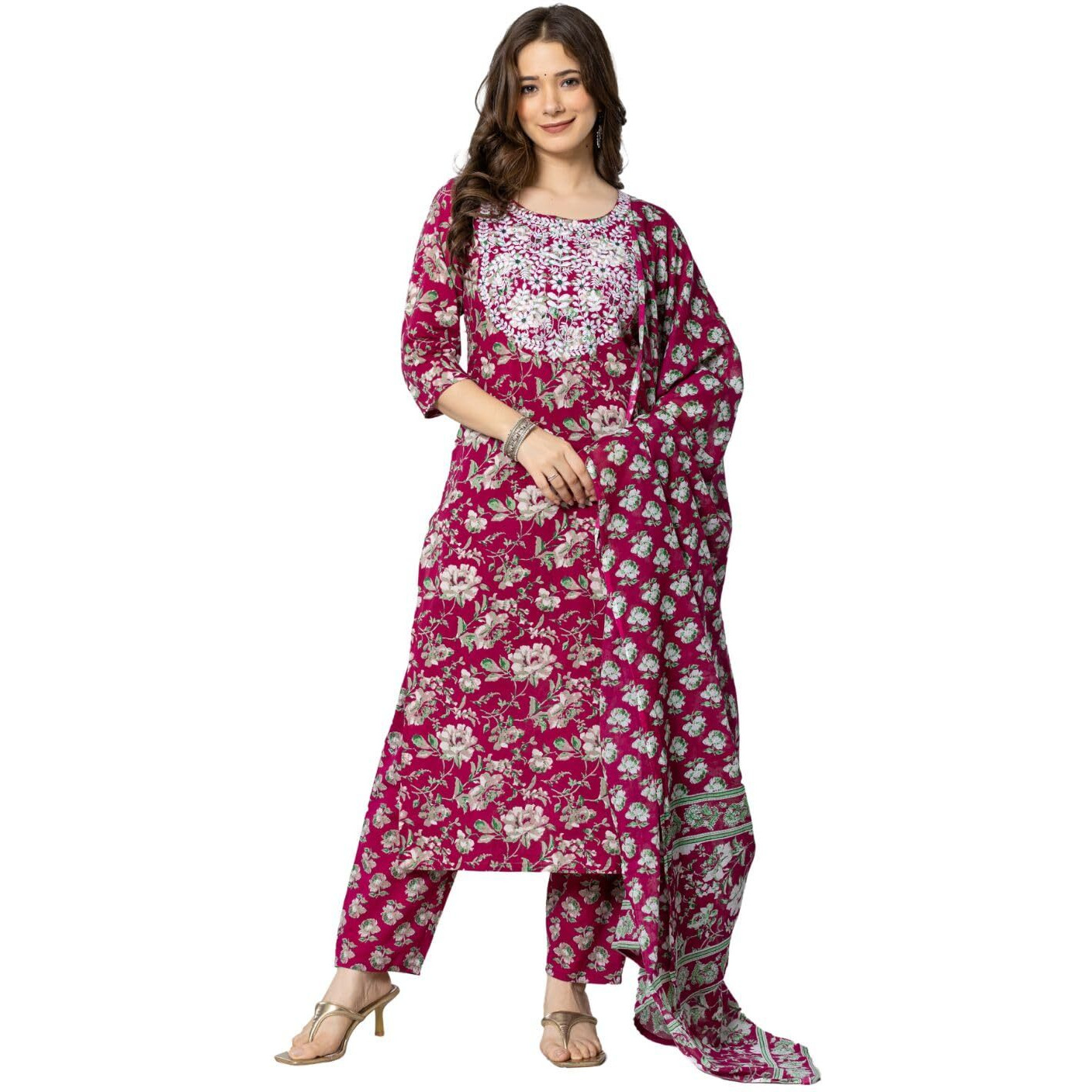Rytras Women's Cotton Embroidered Straight Kurta With Pant And Dupatta(Ryt565,Maroon,S)