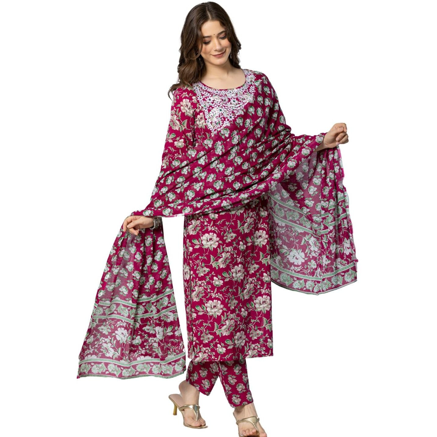 Rytras Women's Cotton Embroidered Straight Kurta With Pant And Dupatta(Ryt565,Maroon,S)