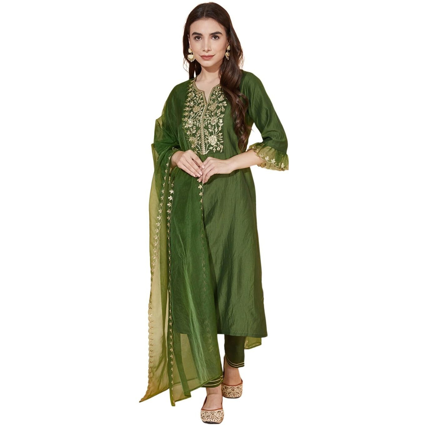 Sanisa Women's Chinnon Silk Embroidery Straight Kurta With Pant And Embroidery Dupatta (38Kbd474Nz-Xl_Green)