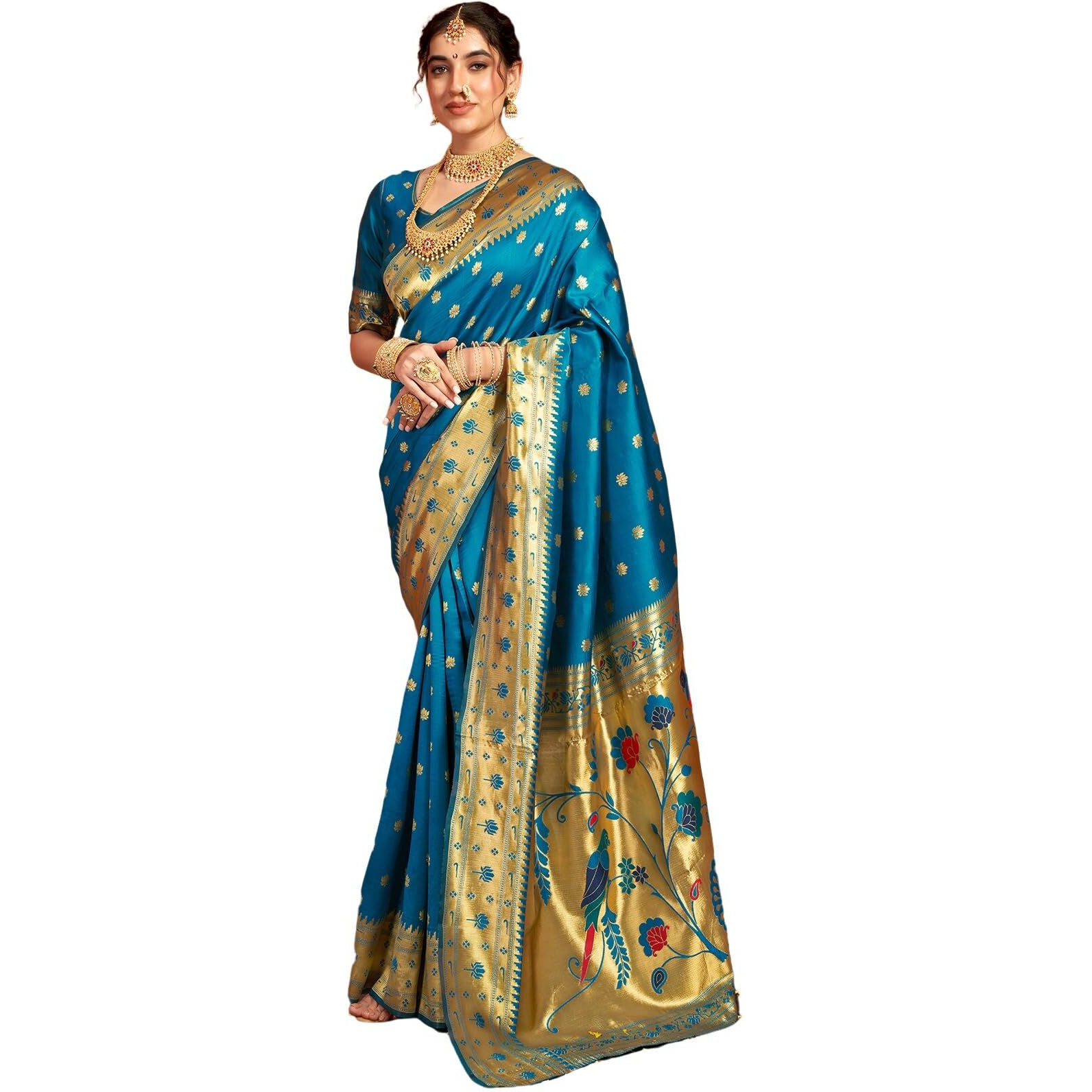 Satrani Women's Silk Paithani Jacquard Weaving Saree With Unstitched Blouse Piece (4046S6301N_Teal Blue)