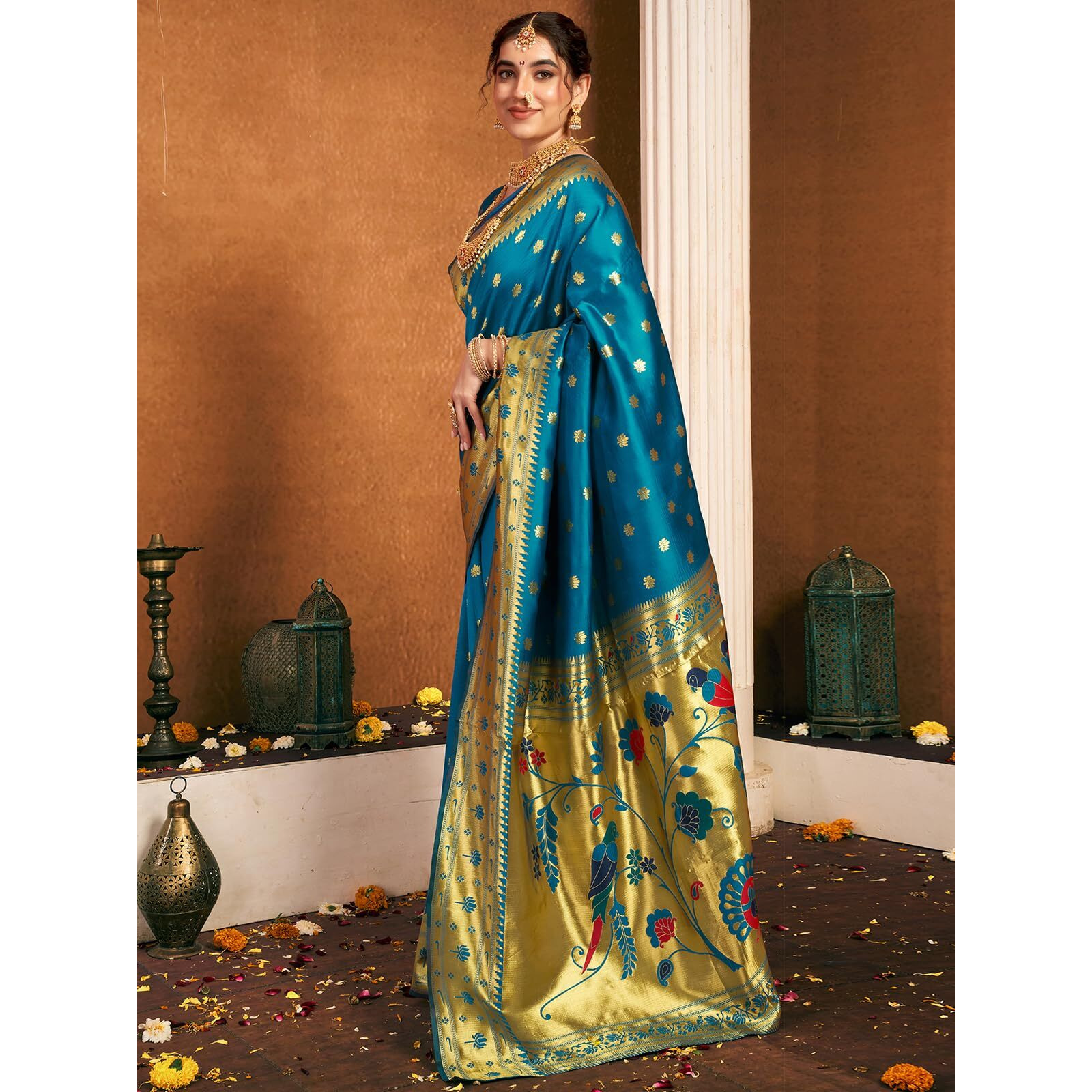 Satrani Women's Silk Paithani Jacquard Weaving Saree With Unstitched Blouse Piece (4046S6301N_Teal Blue)