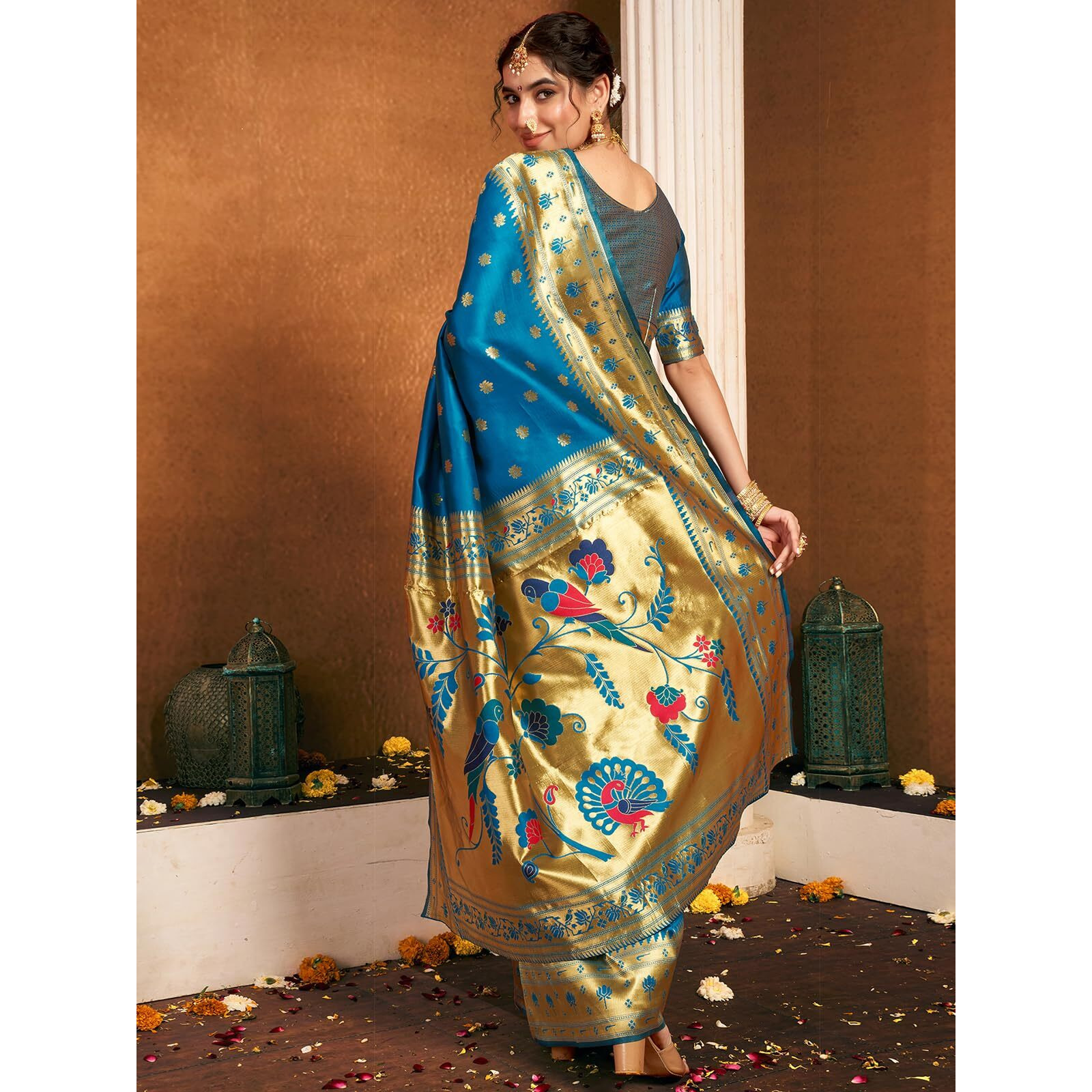 Satrani Women's Silk Paithani Jacquard Weaving Saree With Unstitched Blouse Piece (4046S6301N_Teal Blue)