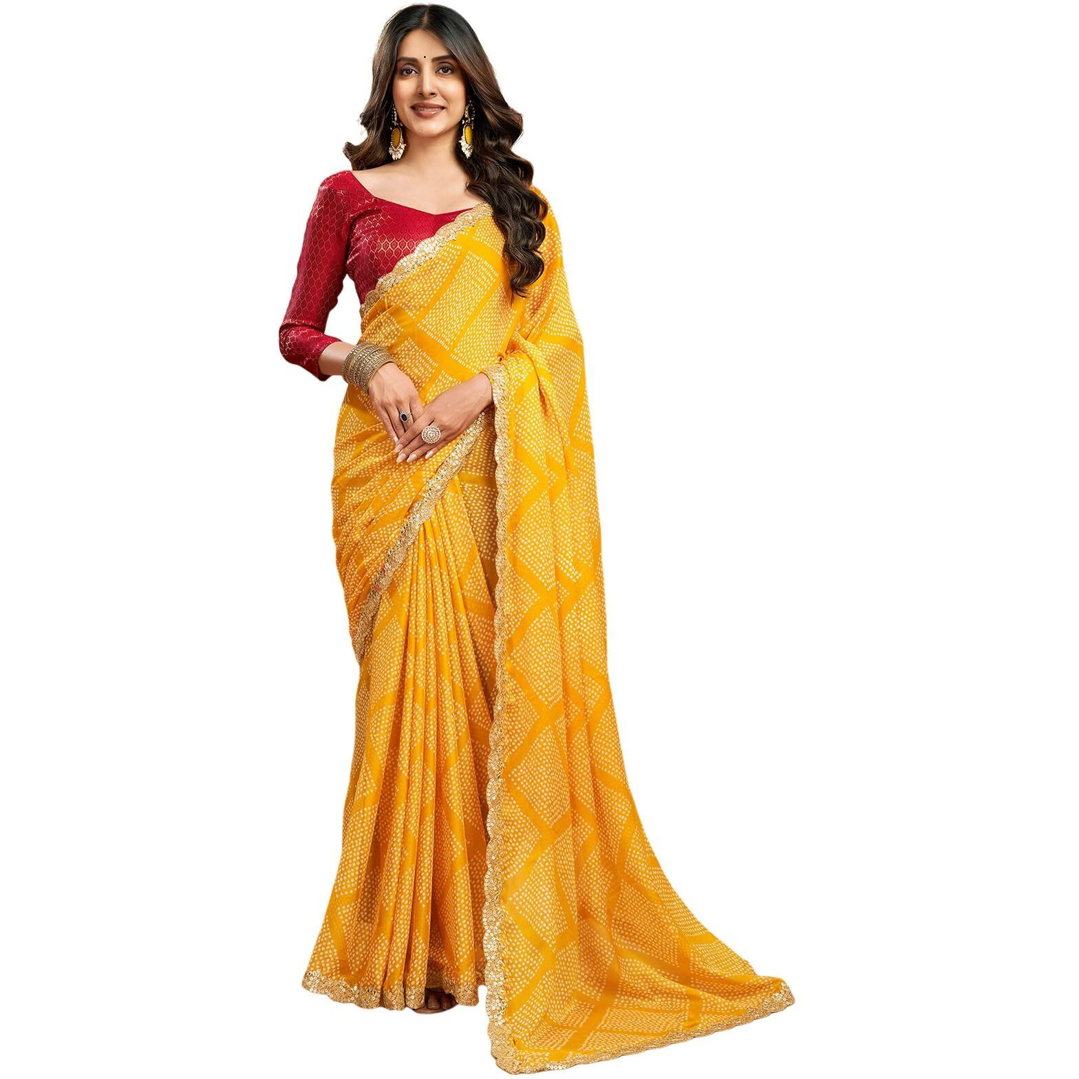 Satrani Women's Chiffon Bandhani Printed Saree With Unstitched Blouse Piece (4011S6284N_Yellow3)