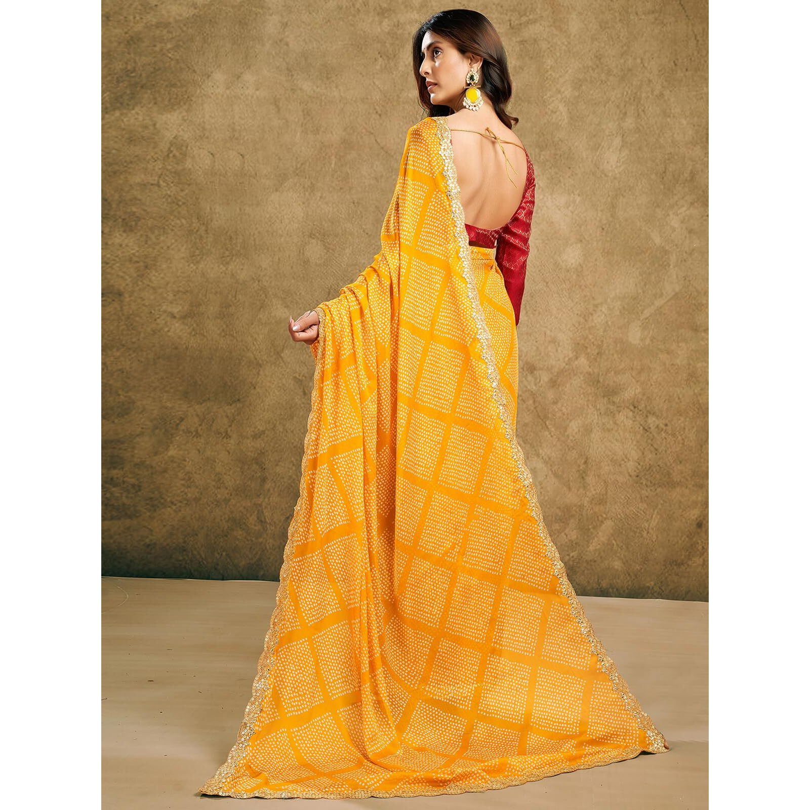 Satrani Women's Chiffon Bandhani Printed Saree With Unstitched Blouse Piece (4011S6284N_Yellow3)