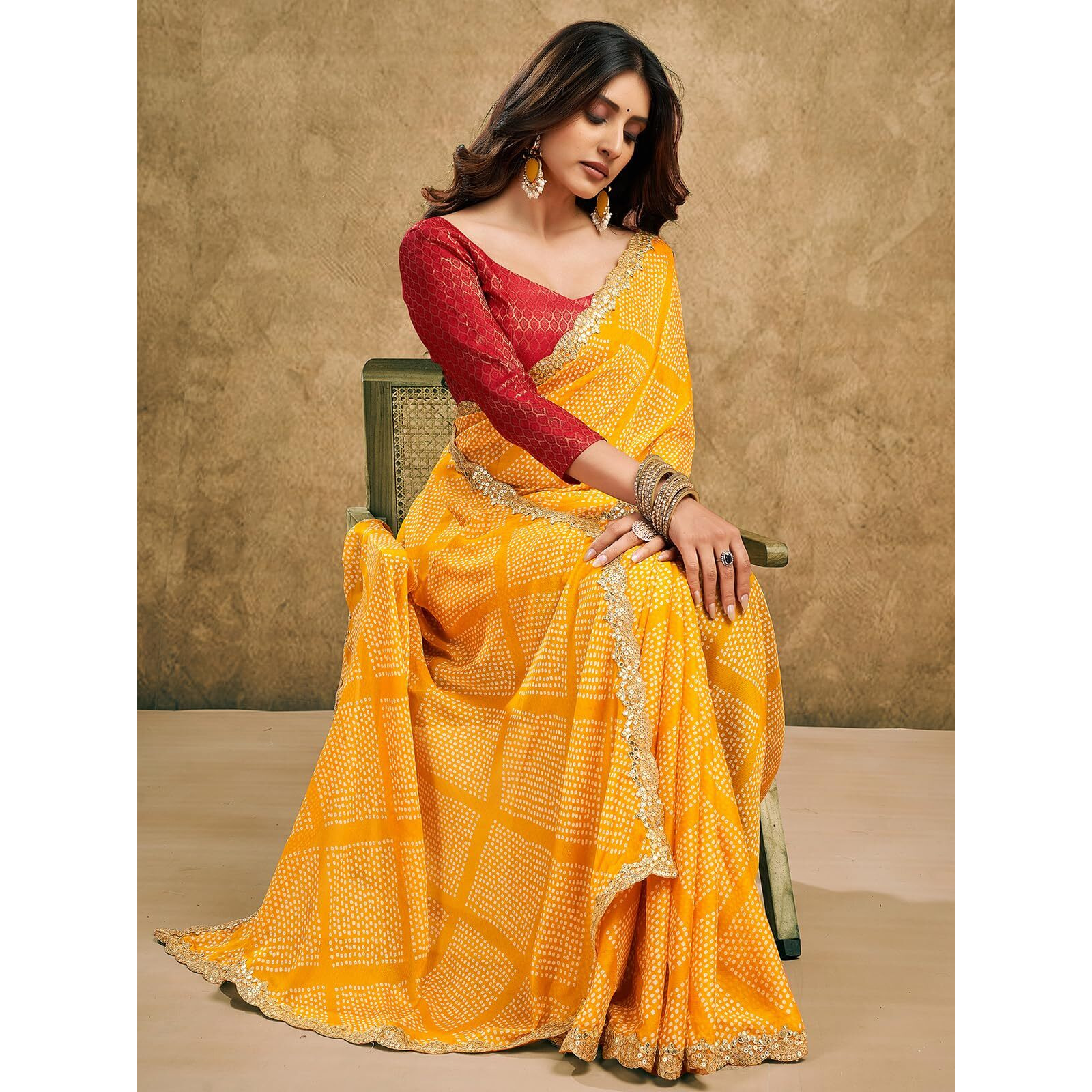 Satrani Women's Chiffon Bandhani Printed Saree With Unstitched Blouse Piece (4011S6284N_Yellow3)