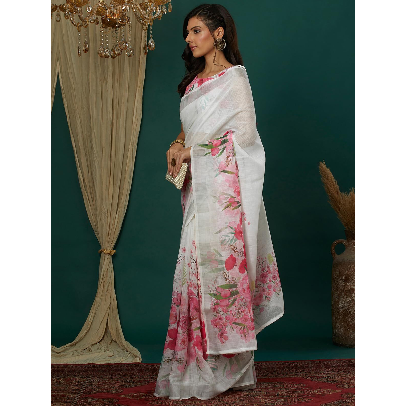 Satrani Women's Cotton Blend Floral Printed Weaving Border Saree With Unstitched Blouse Piece (4122S146N_White)