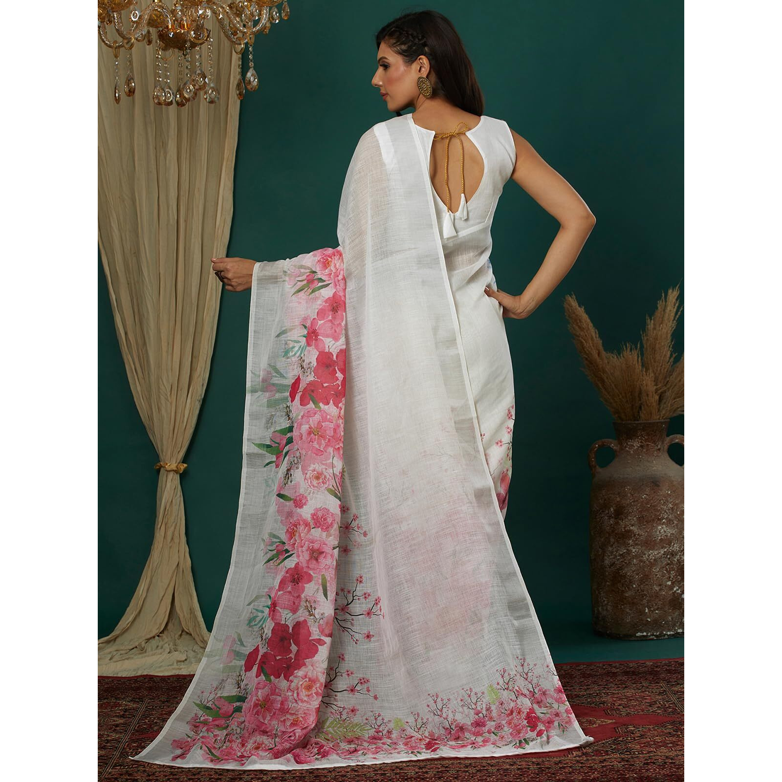 Satrani Women's Cotton Blend Floral Printed Weaving Border Saree With Unstitched Blouse Piece (4122S146N_White)