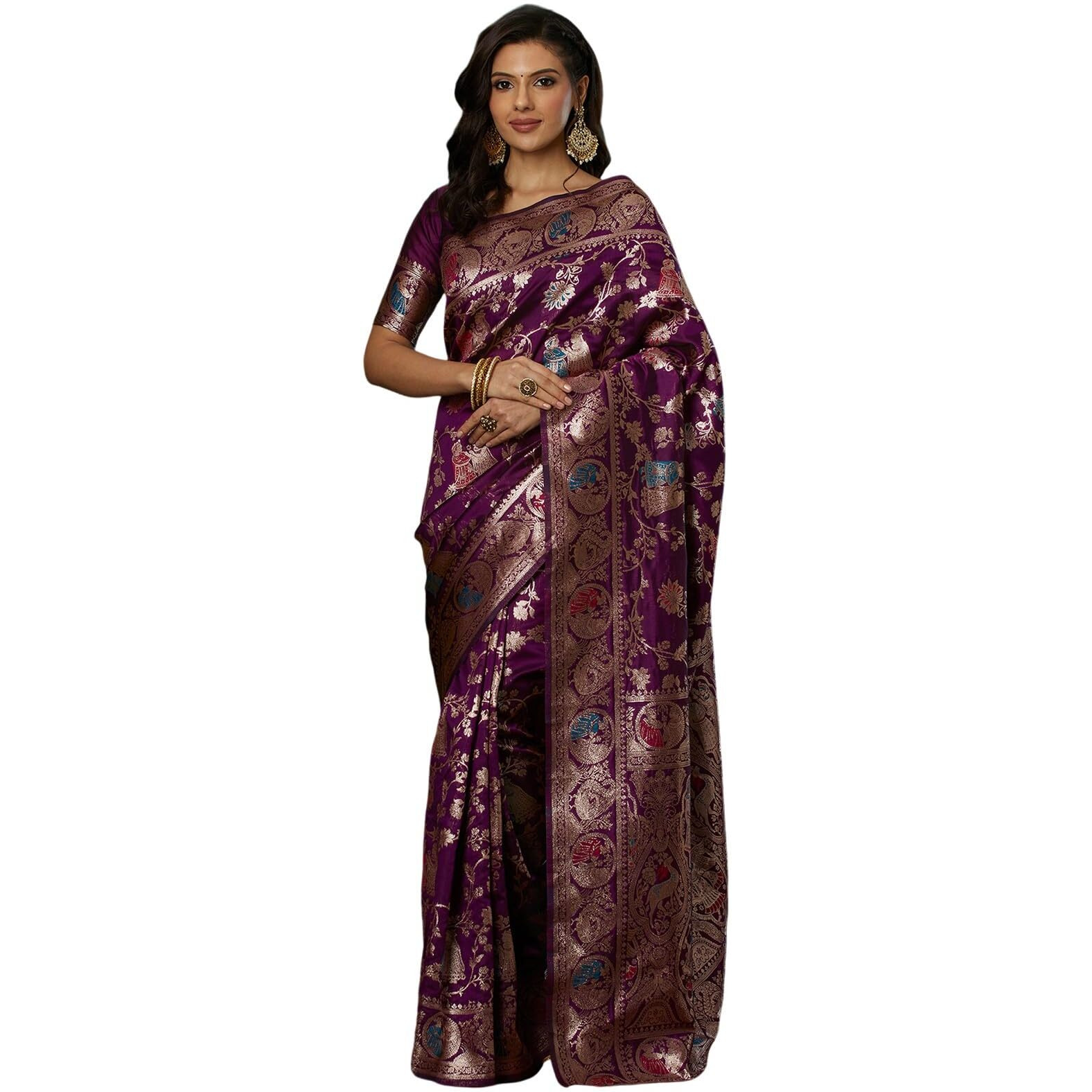 Satrani Women's Silk Blend Weaving Banarasi Saree With Unstitched Blouse Piece (4100S734N_Wine1)