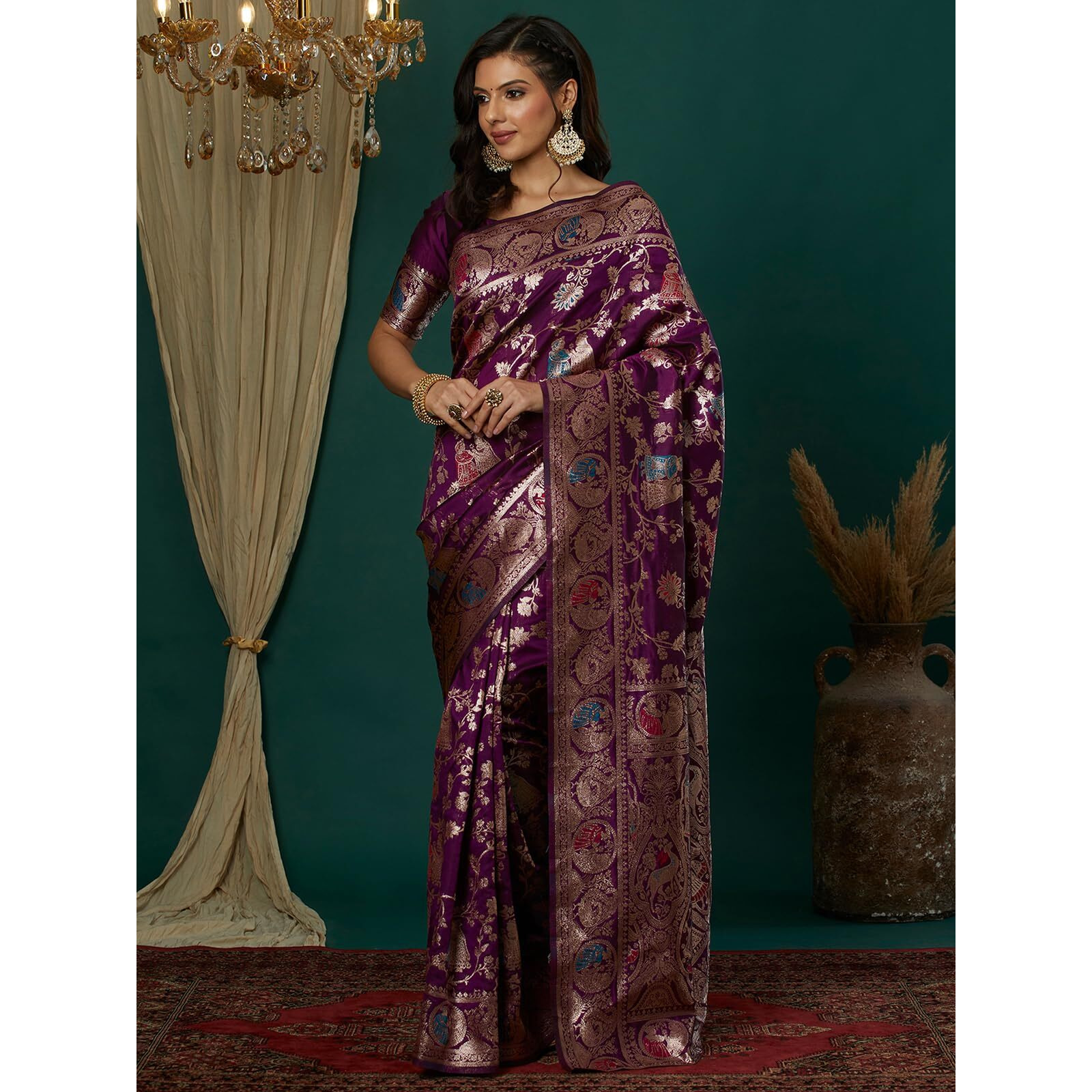 Satrani Women's Silk Blend Weaving Banarasi Saree With Unstitched Blouse Piece (4100S734N_Wine1)