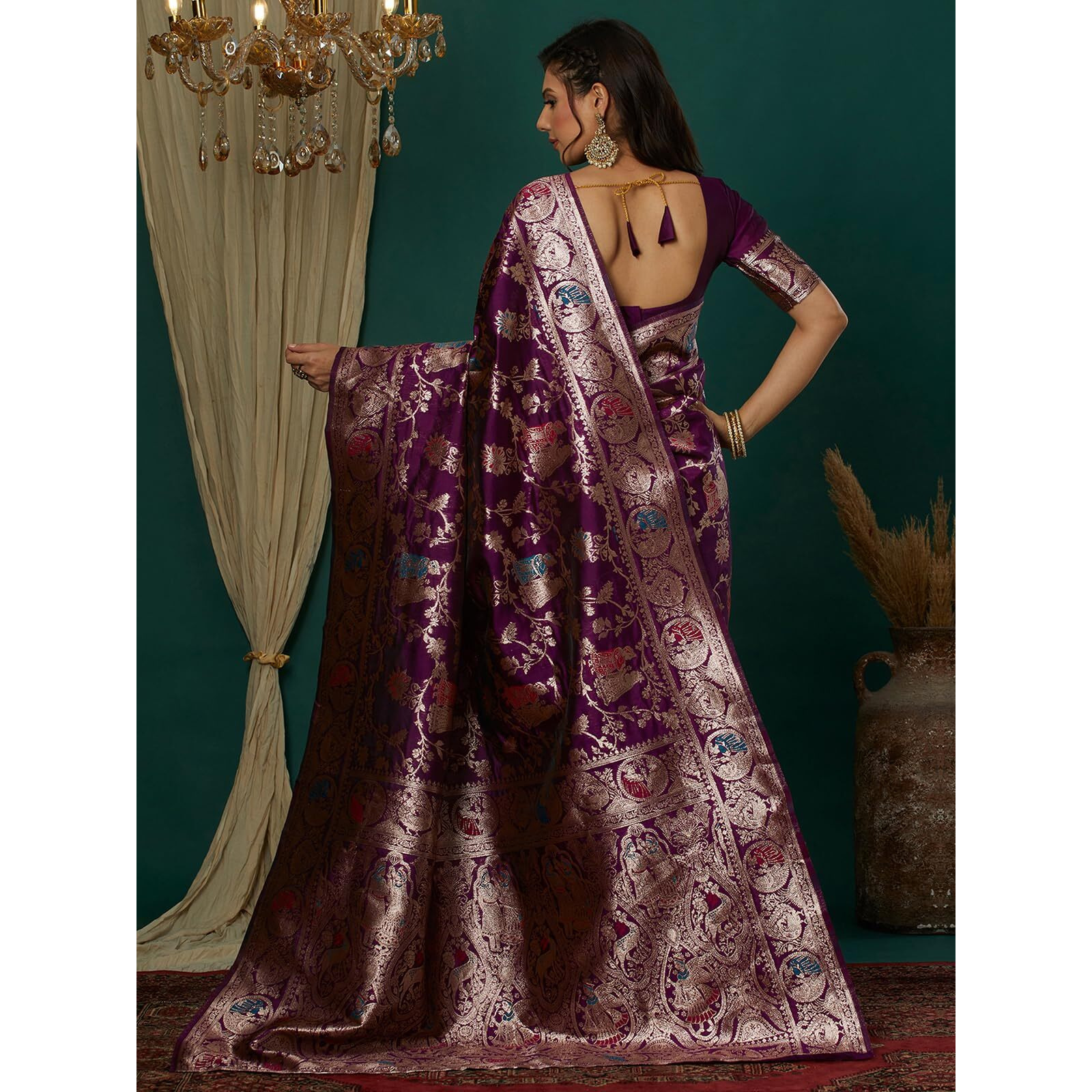 Satrani Women's Silk Blend Weaving Banarasi Saree With Unstitched Blouse Piece (4100S734N_Wine1)