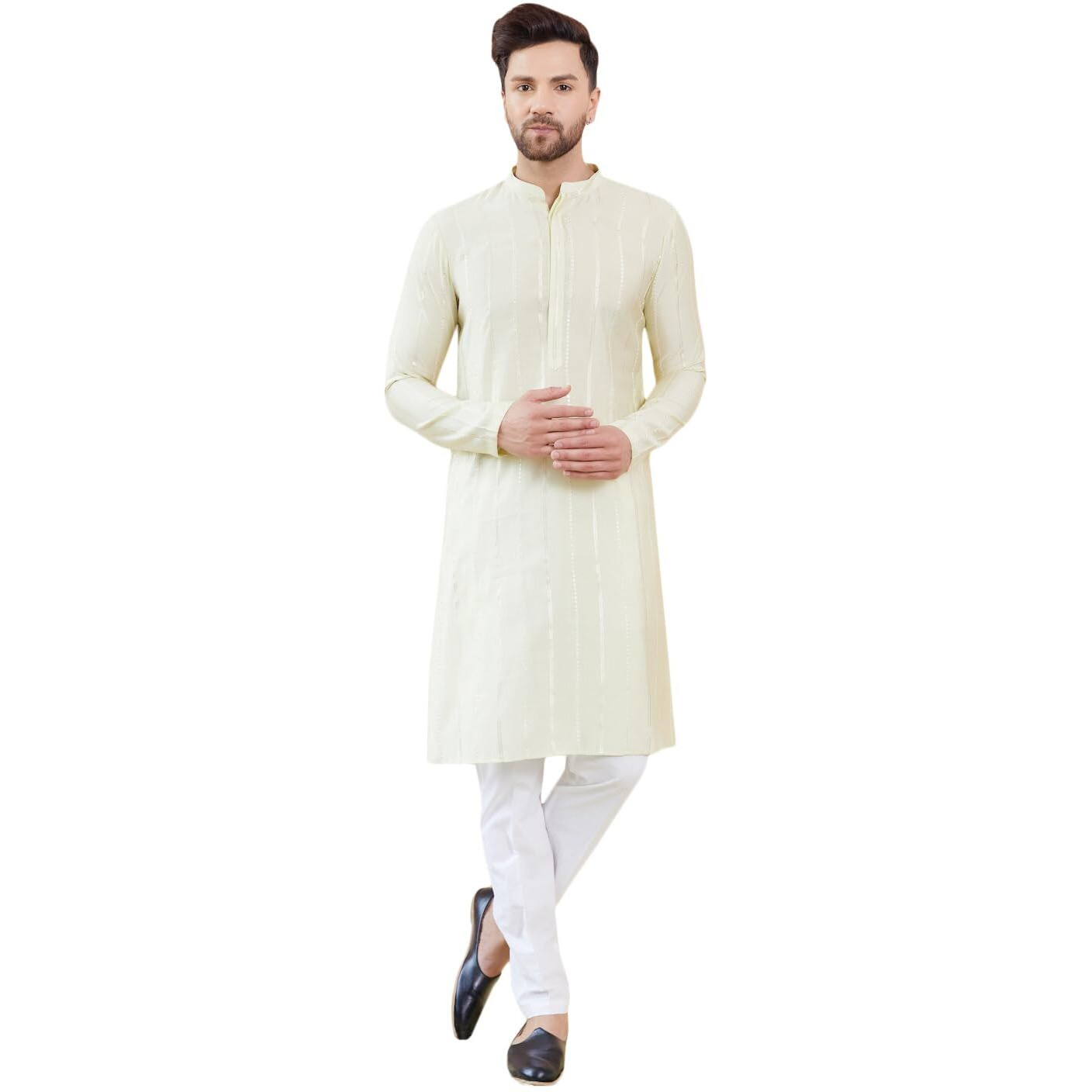 See Designs Men Full Sleeve Side Slit Cream And Gold Chanderi Silk Sequins Mandarin Collar Kurta - Sd2Kt_2430S