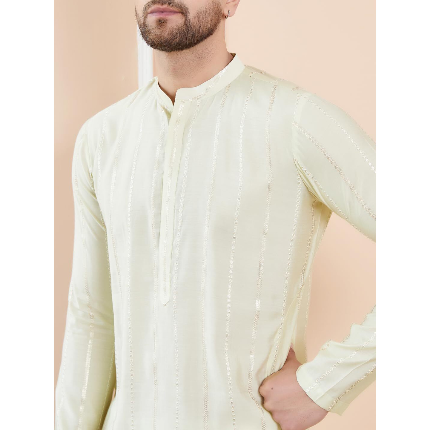 See Designs Men Full Sleeve Side Slit Cream And Gold Chanderi Silk Sequins Mandarin Collar Kurta - Sd2Kt_2430S