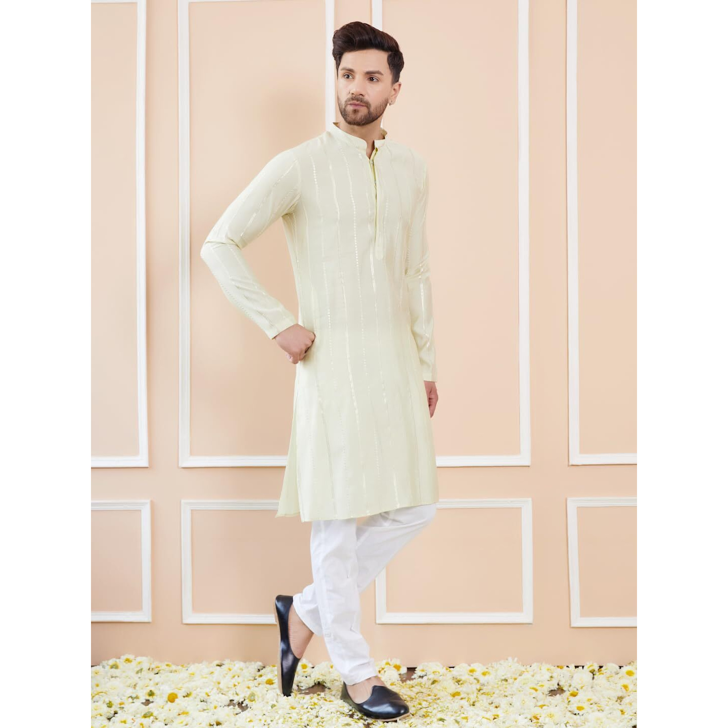 See Designs Men Full Sleeve Side Slit Cream And Gold Chanderi Silk Sequins Mandarin Collar Kurta - Sd2Kt_2430S