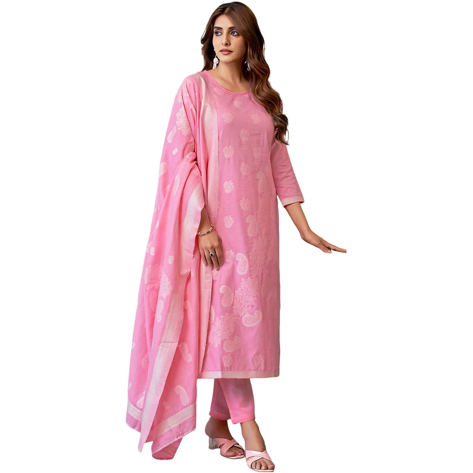 Sanisa Women's Cotton Jacquard Work Straight Kurta With Pant And Dupatta Set (212Kbd2244N-L_Pink & Off White)