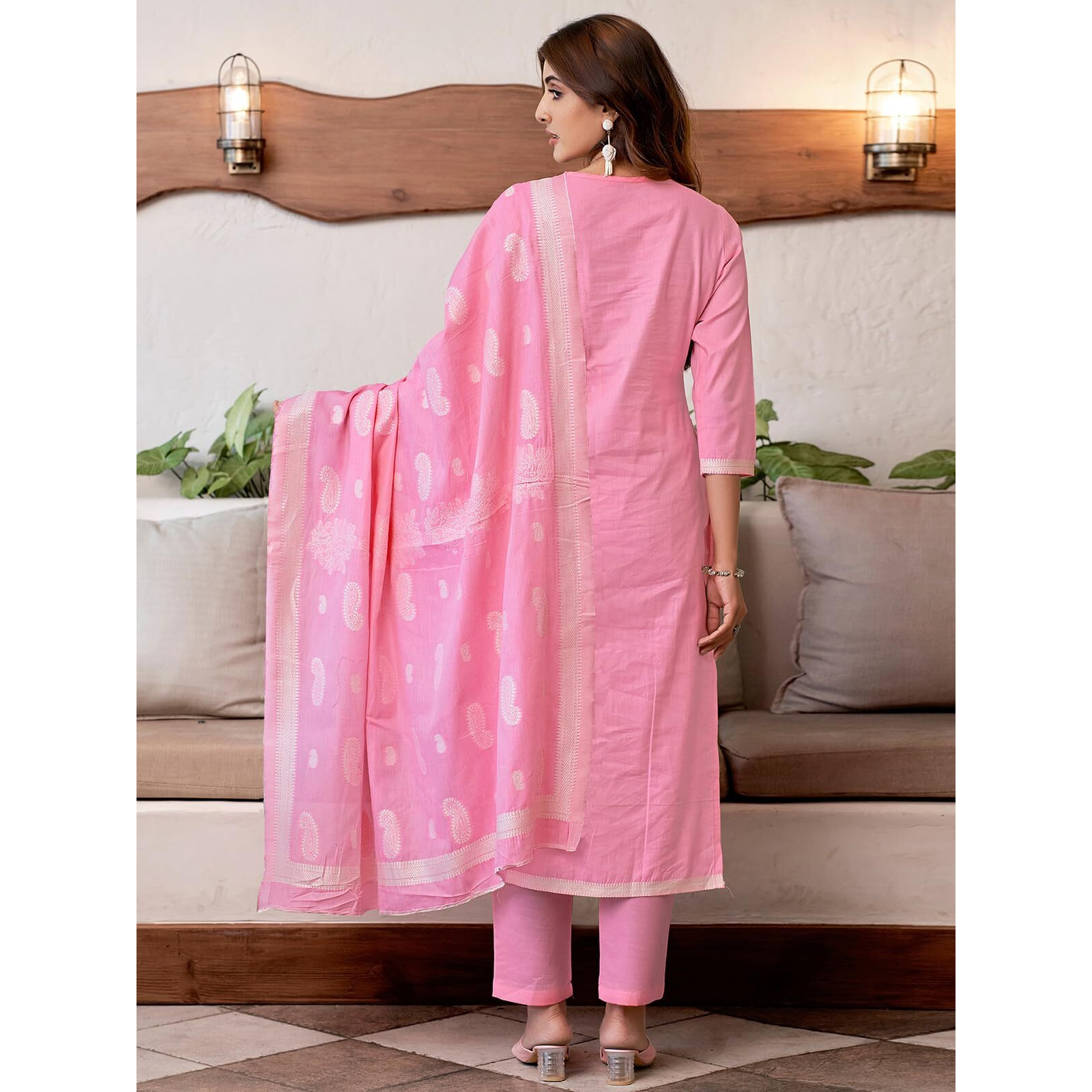 Sanisa Women's Cotton Jacquard Work Straight Kurta With Pant And Dupatta Set (212Kbd2244N-L_Pink & Off White)