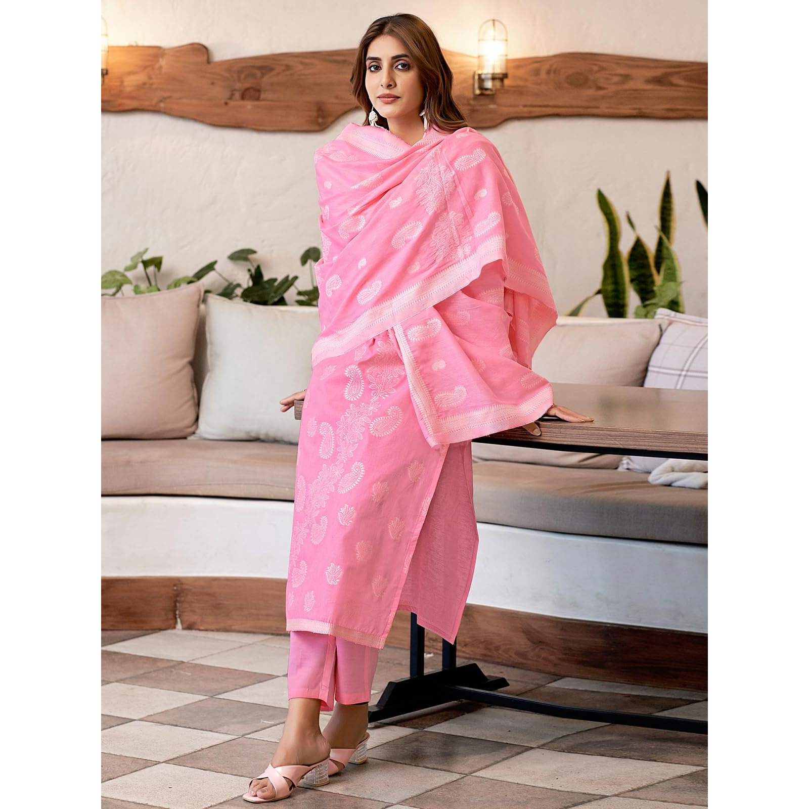 Sanisa Women's Cotton Jacquard Work Straight Kurta With Pant And Dupatta Set (212Kbd2244N-L_Pink & Off White)