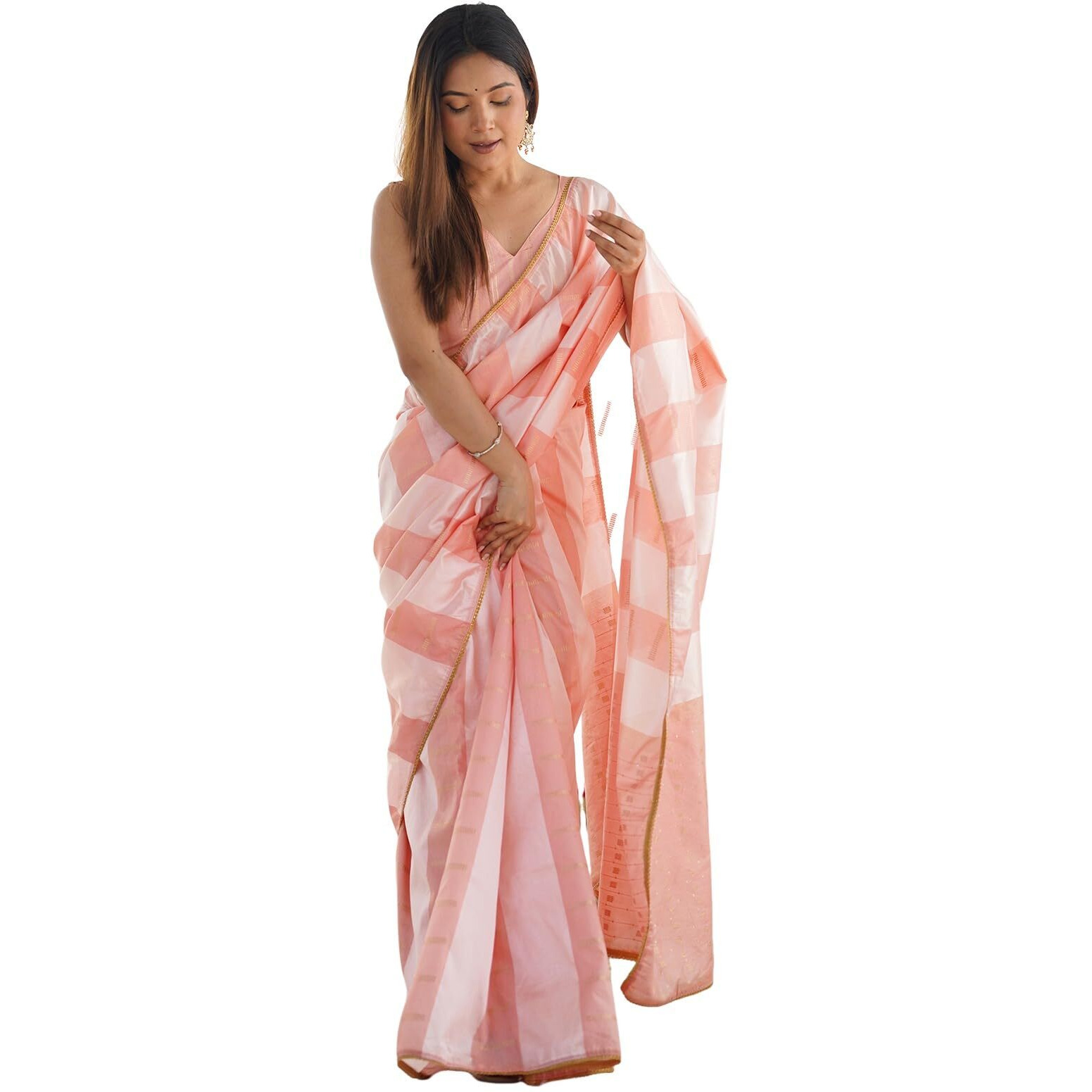 Satrani Women's Silk Blend Printed Weaving Saree With Unstitched Blouse Piece (4135S147N_Peach & White)