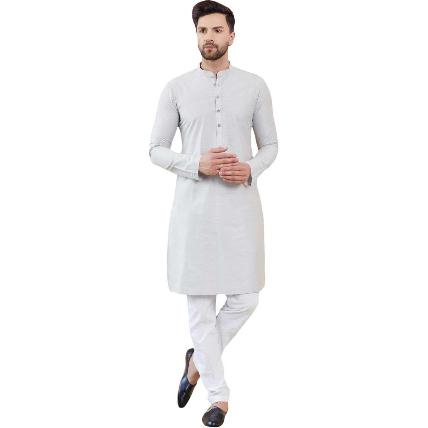 See Designs Men Long Sleeve Side Slit Mandarin Collar Off White Cotton Solid Straight Kurta - Sdkt2476L