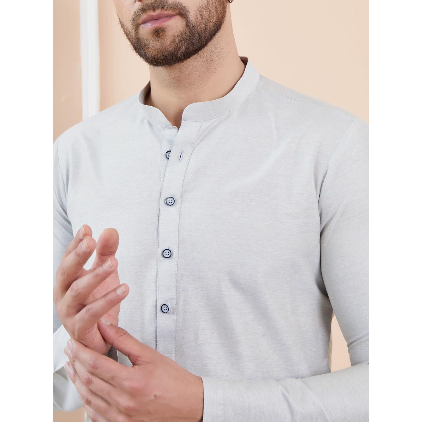 See Designs Men Long Sleeve Side Slit Mandarin Collar Off White Cotton Solid Straight Kurta - Sdkt2476L