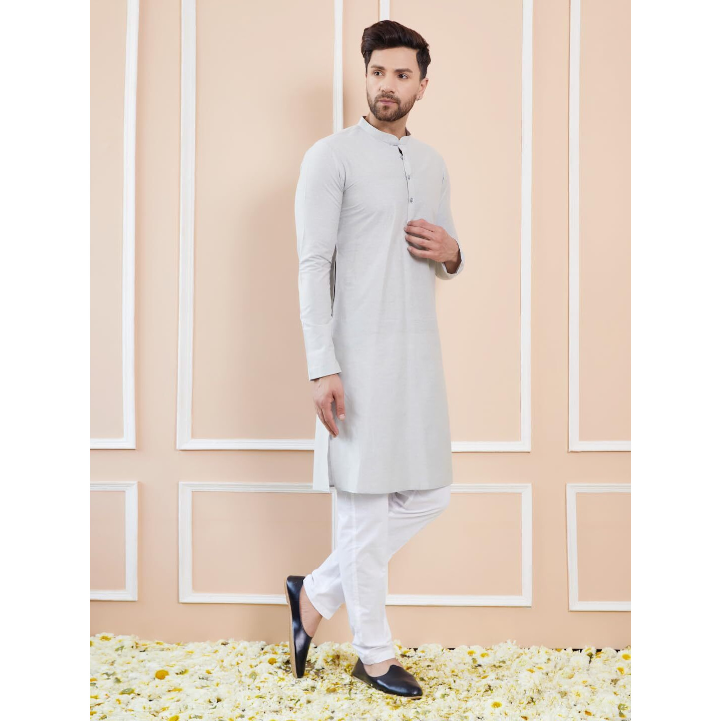 See Designs Men Long Sleeve Side Slit Mandarin Collar Off White Cotton Solid Straight Kurta - Sdkt2476L
