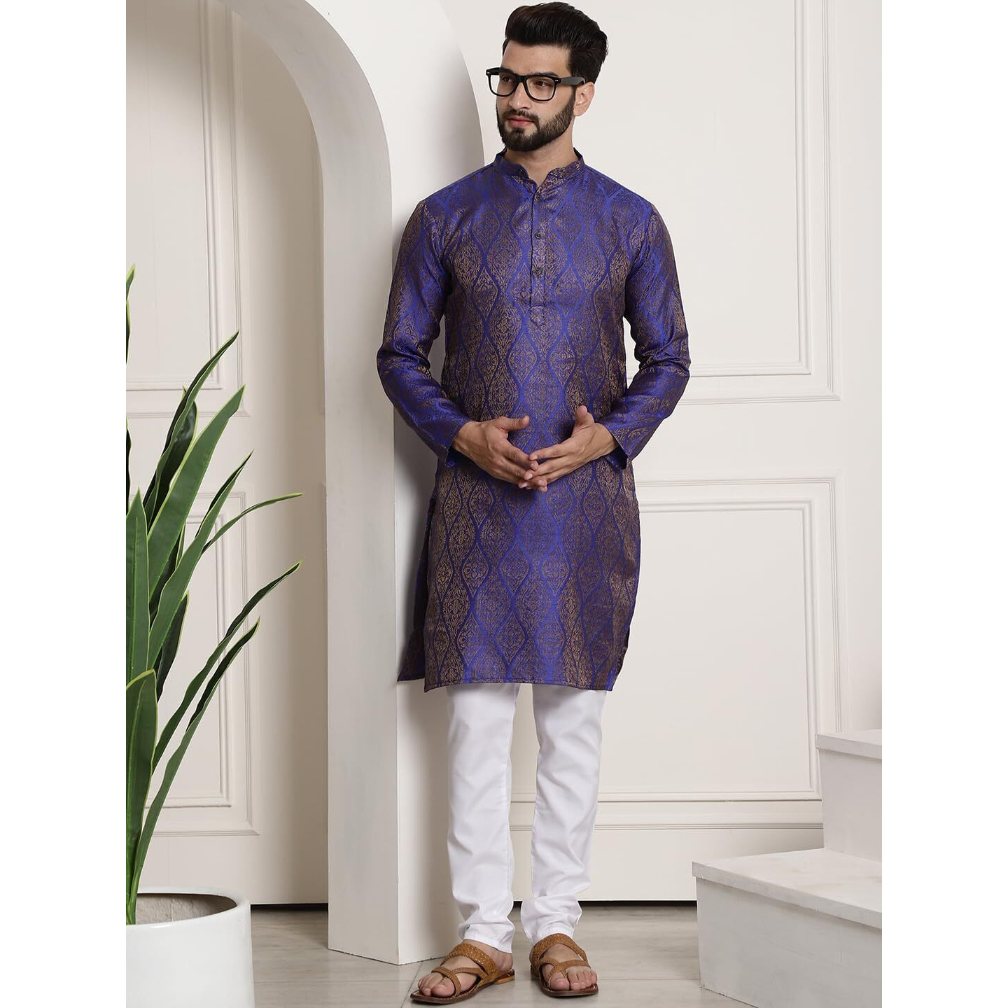 Sojanya (Since 1958 Men's Silk Blend Blue Self Design Kurta And White Churidar Pyjama Set