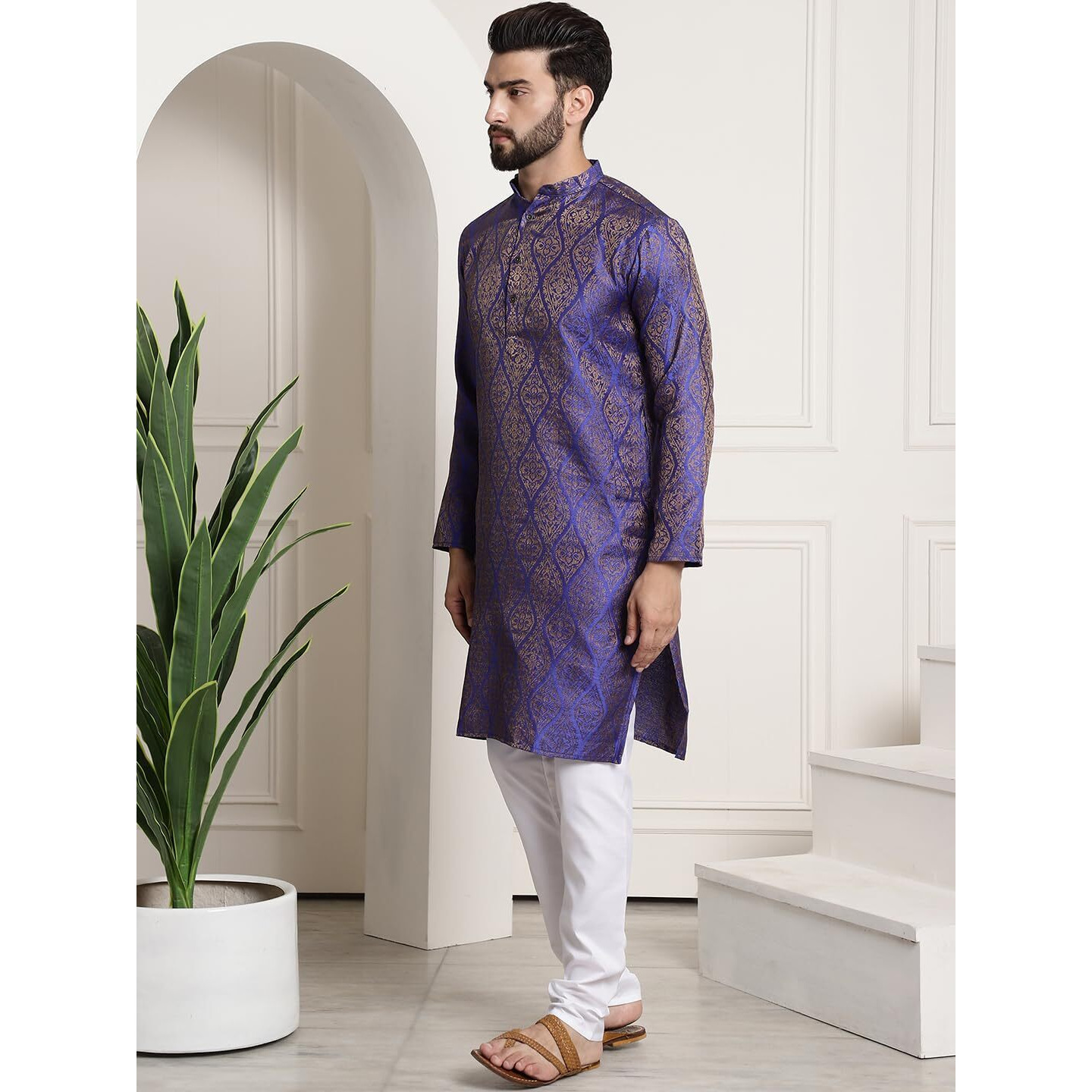 Sojanya (Since 1958 Men's Silk Blend Blue Self Design Kurta And White Churidar Pyjama Set