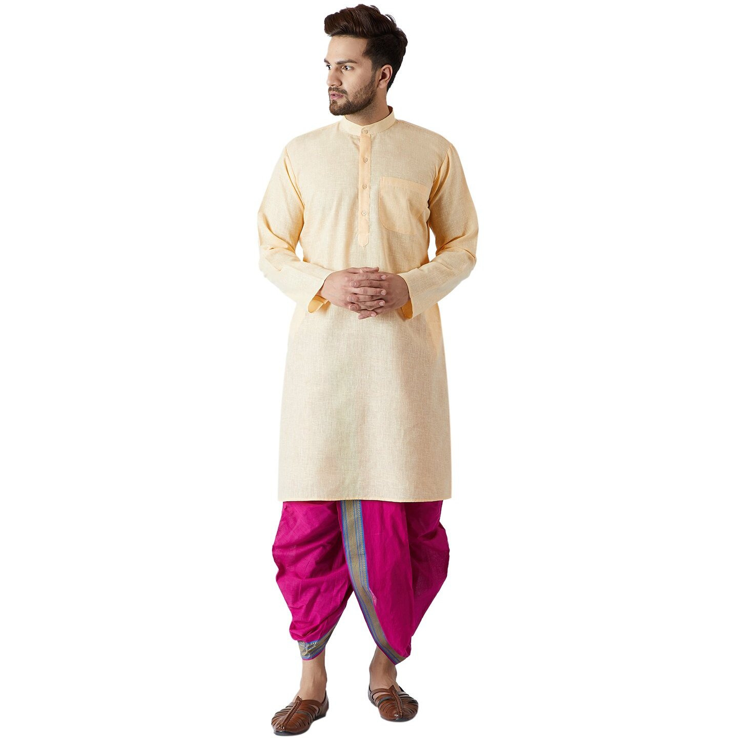 Sojanya (Since 1958, Men's Yellow & Pink Cotton Kurta & Dhoti Set, Size Xl