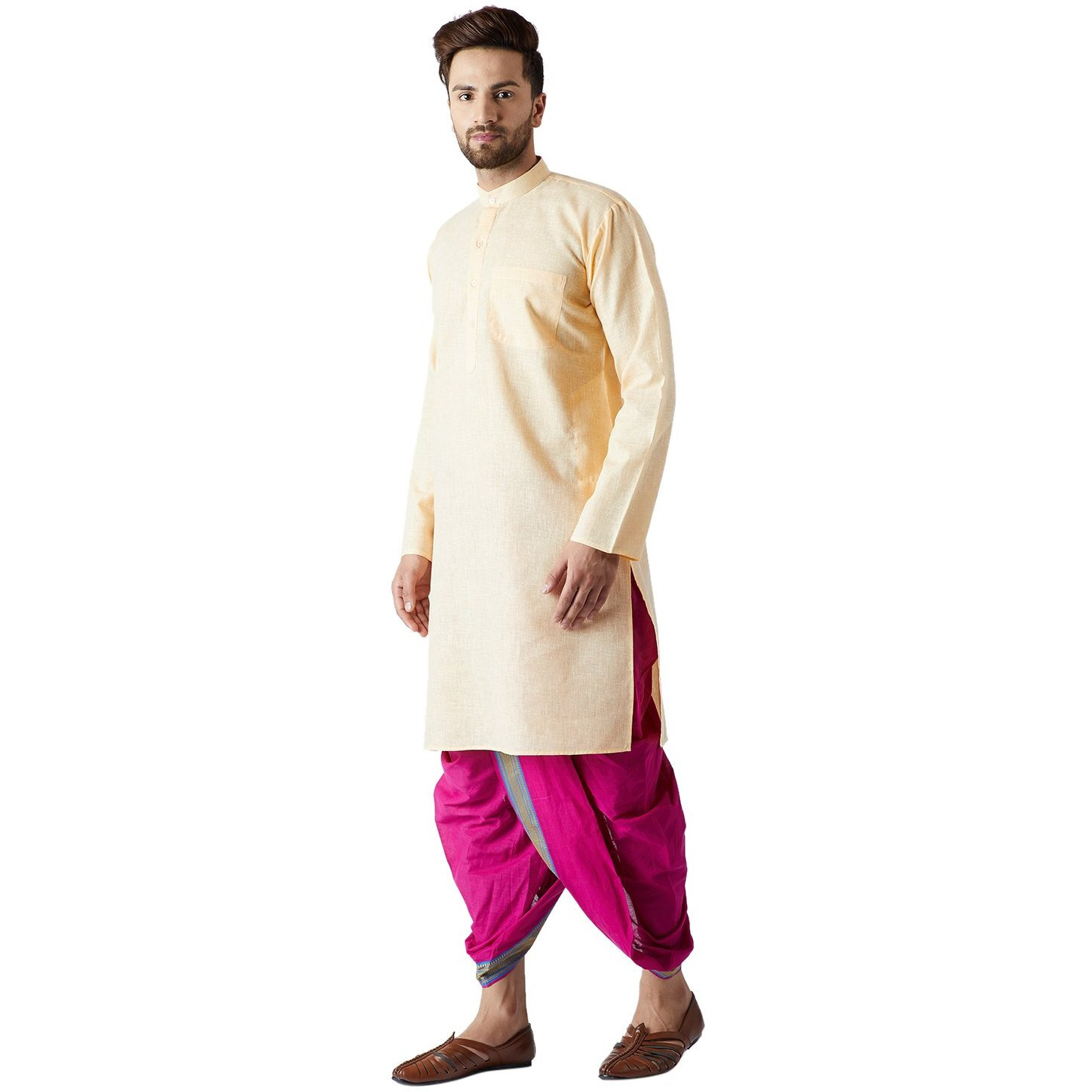 Sojanya (Since 1958, Men's Yellow & Pink Cotton Kurta & Dhoti Set, Size Xl