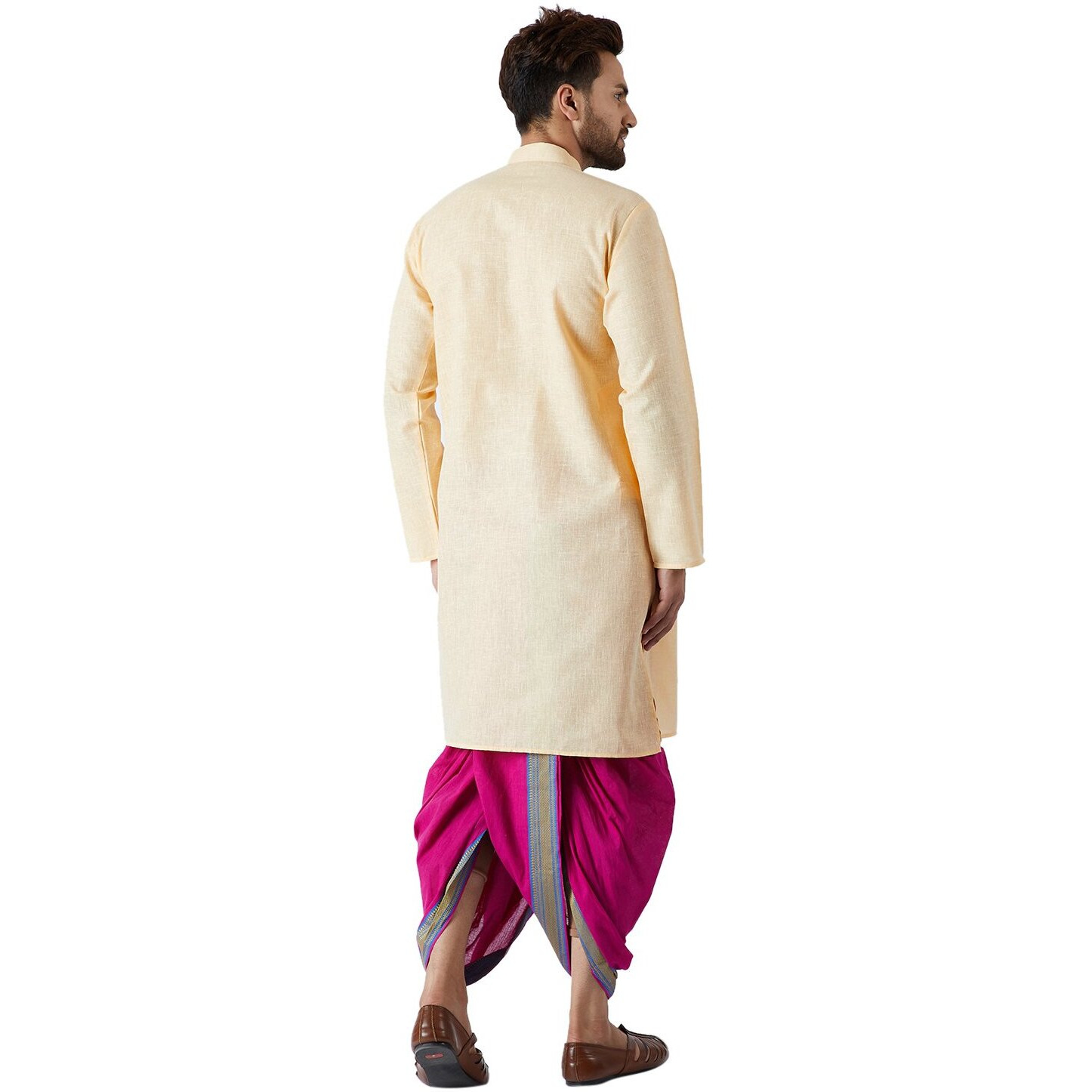 Sojanya (Since 1958, Men's Yellow & Pink Cotton Kurta & Dhoti Set, Size Xl
