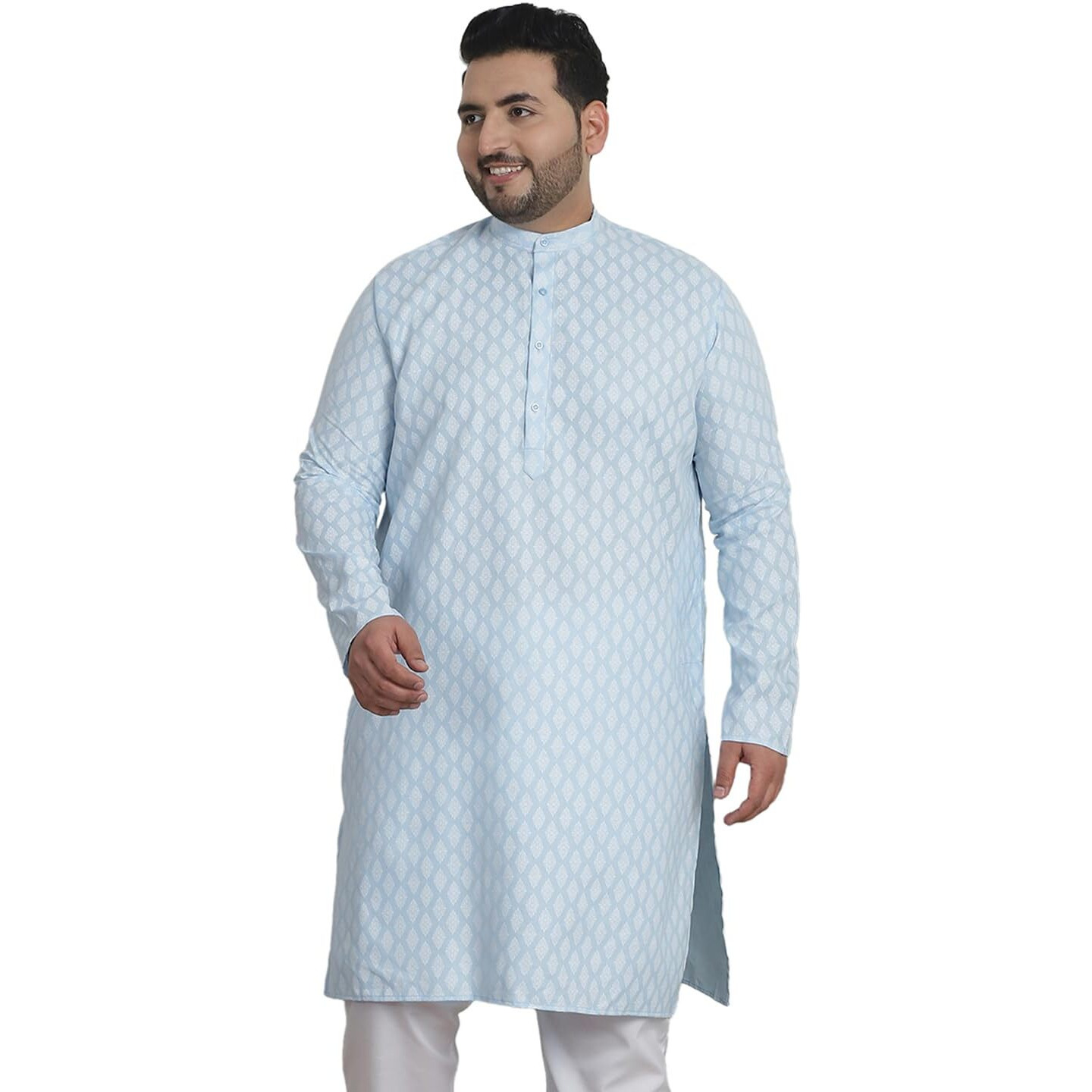 Sojanya Plus (Since 1958) Men's Cotton Blend Printed Sky Blue Long Kurta